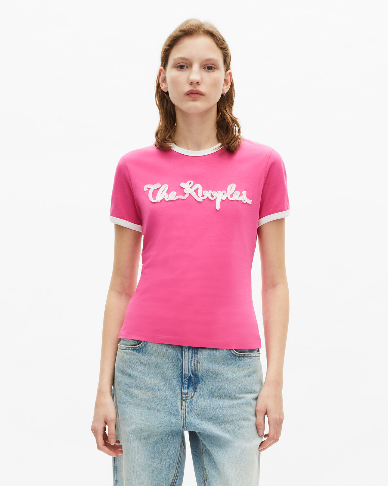The Kooples F FUSHIA fuchsia ribbon embroidery t-shirt