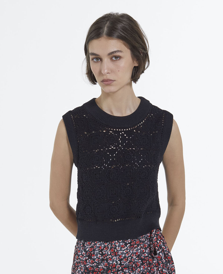 sleeveless black cotton crochet sweater