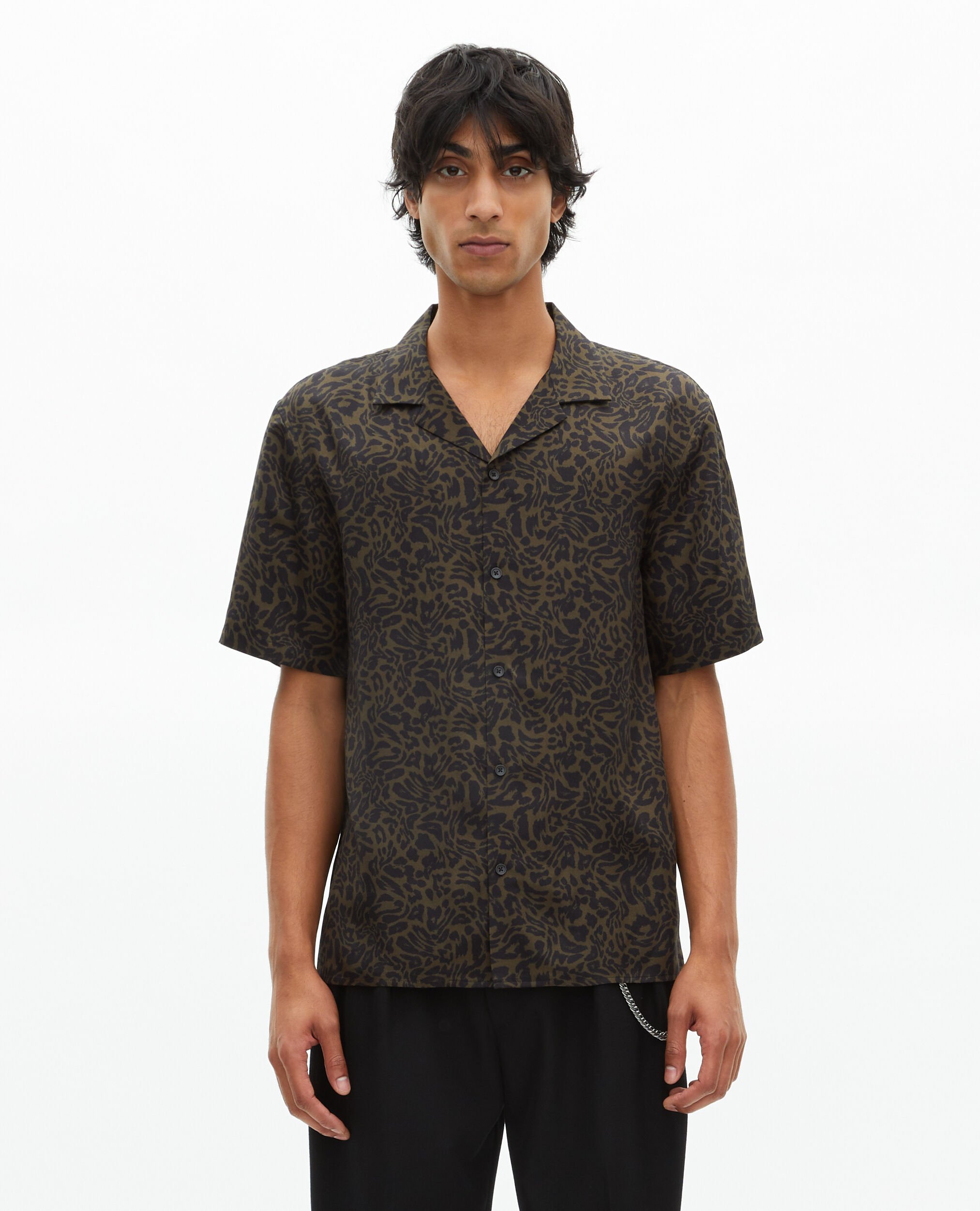 Chemise manches courtes imprimé léopard kaki, BLACK KAKI, hi-res image number null