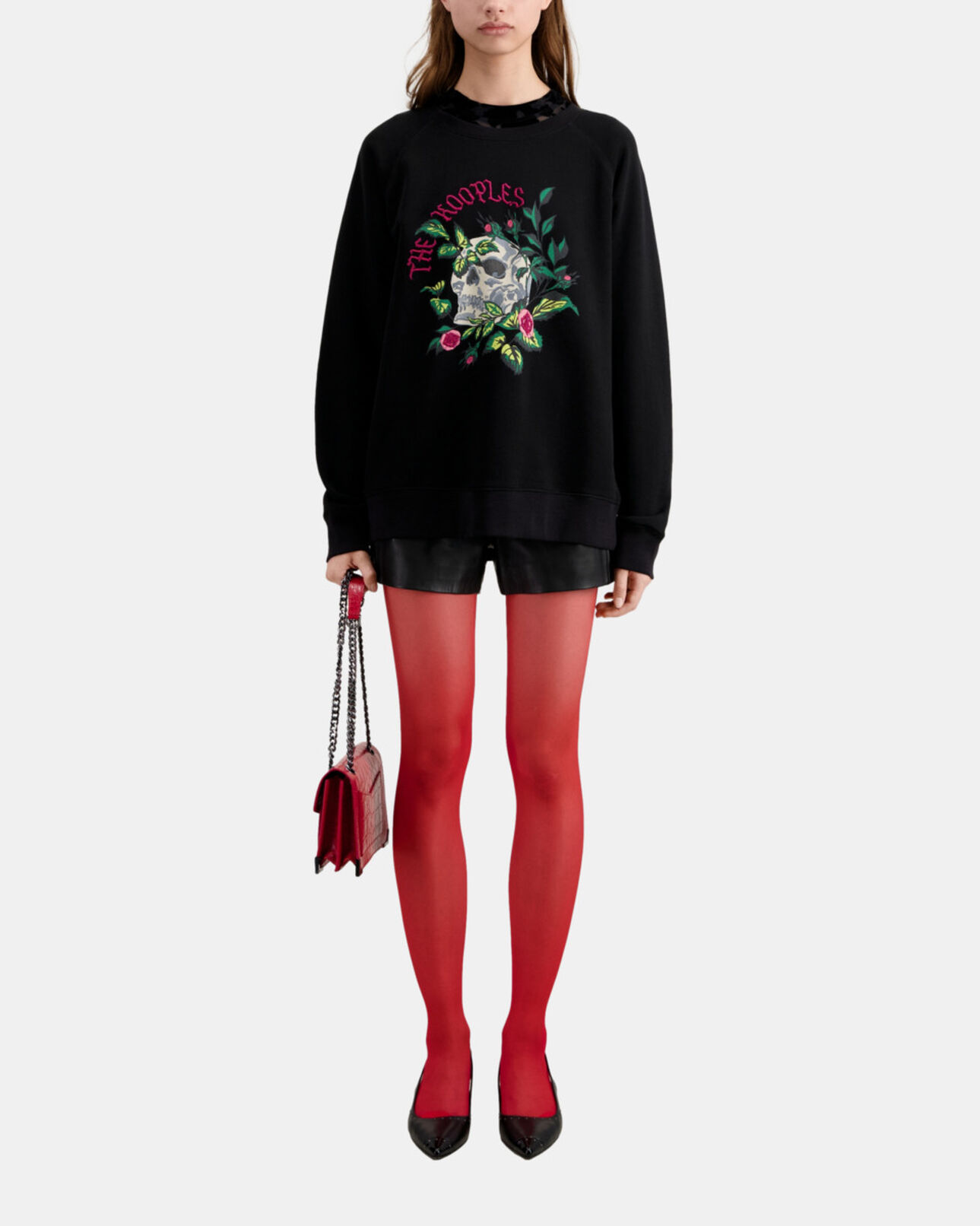 The Kooples WOMEN BLACK black sweatshirt with skull - roses serigraphy