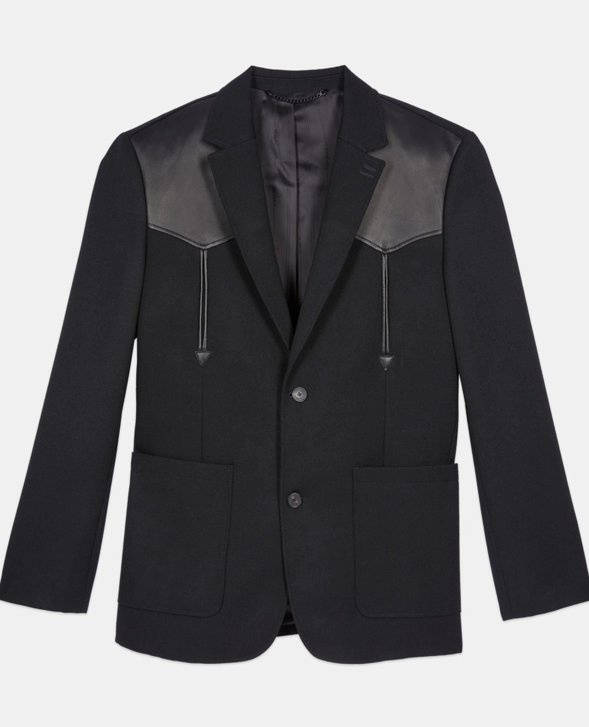 Black wool jacket with lambskin details, BLACK, hi-res image number null