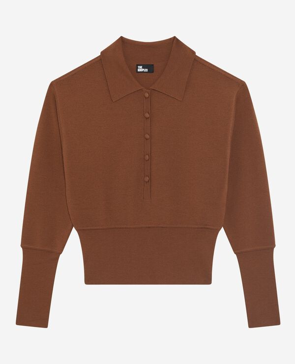 The Kooples FEMME CAMEL pull col polo en laine mérinos mélangée camel