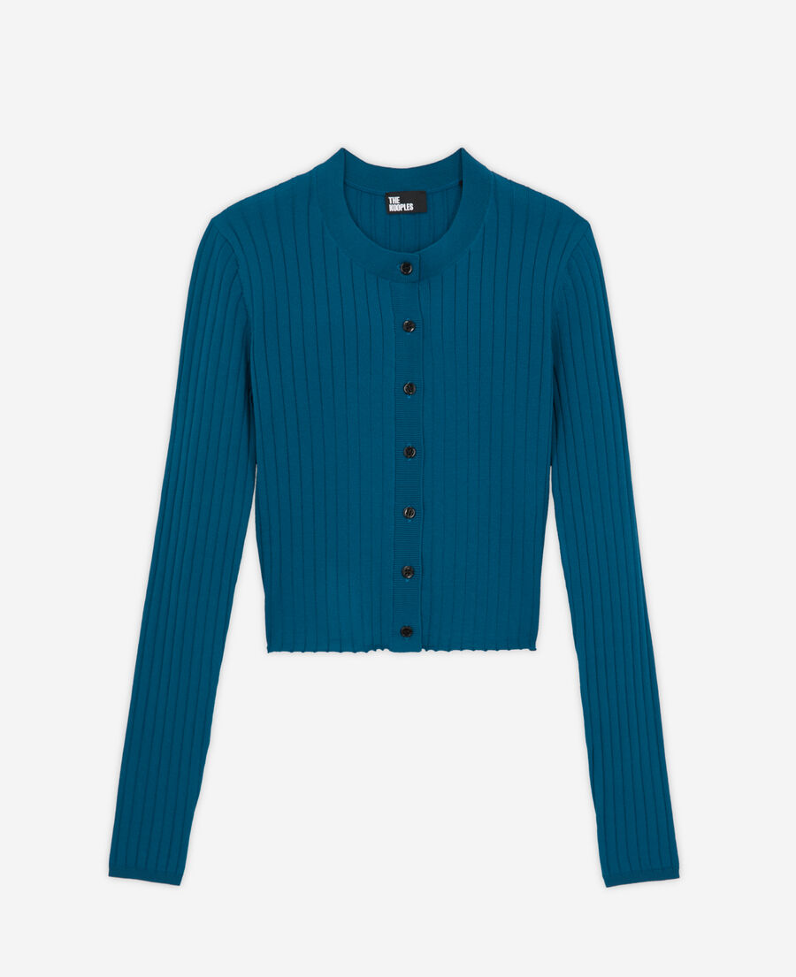 cardigan bleu côtelé court