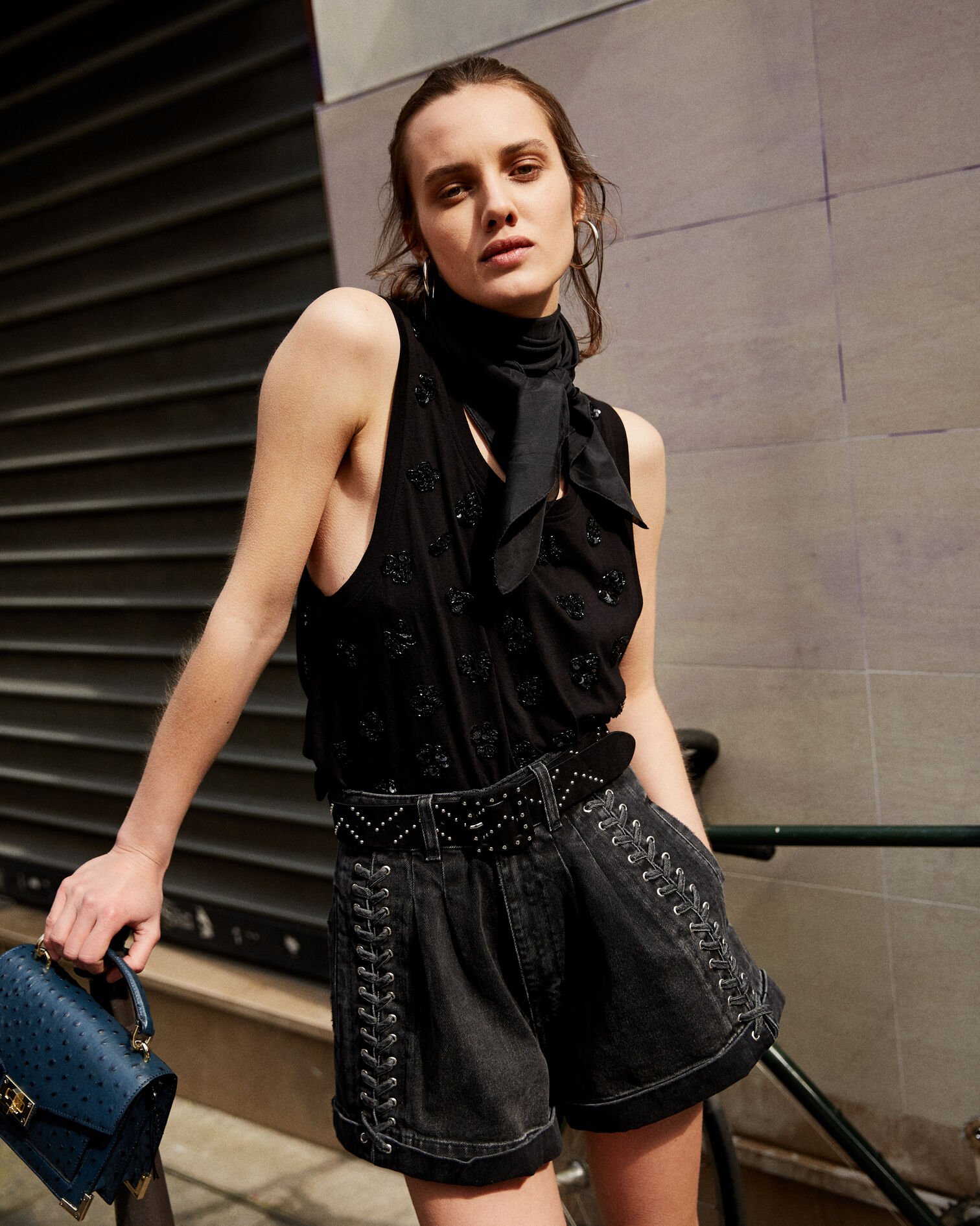 Black cotton vest top with embroidered details, BLACK, hi-res image number null