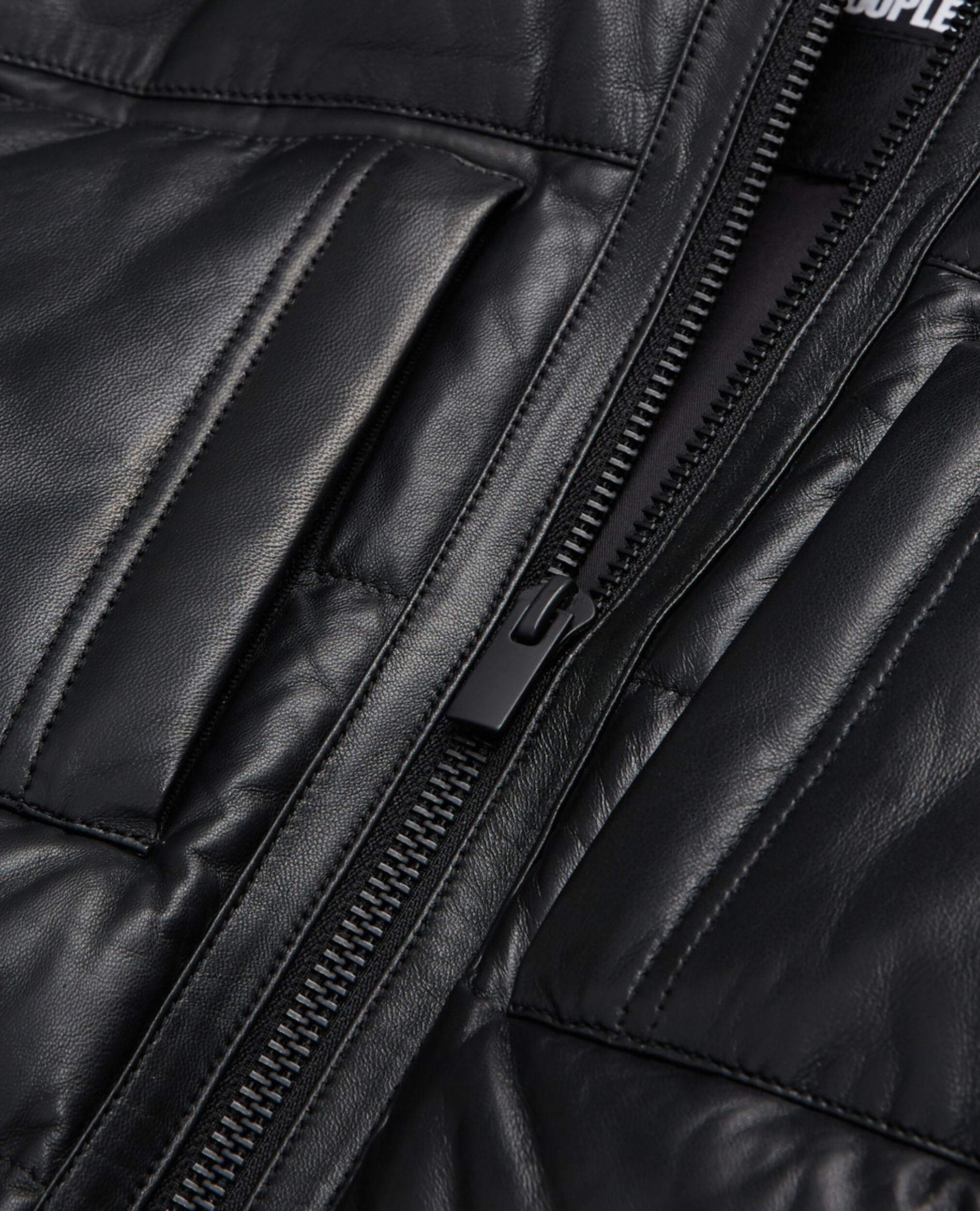 Black leather down jacket with straps and logo, BLACK, hi-res image number null