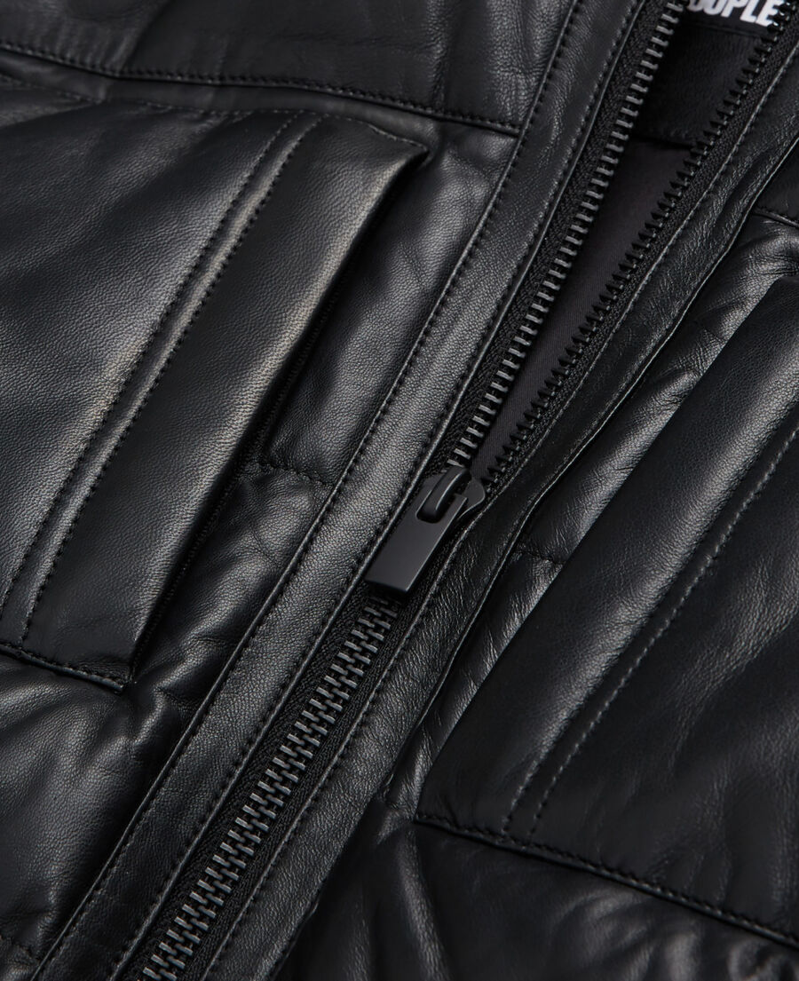 black leather down jacket with straps and logo