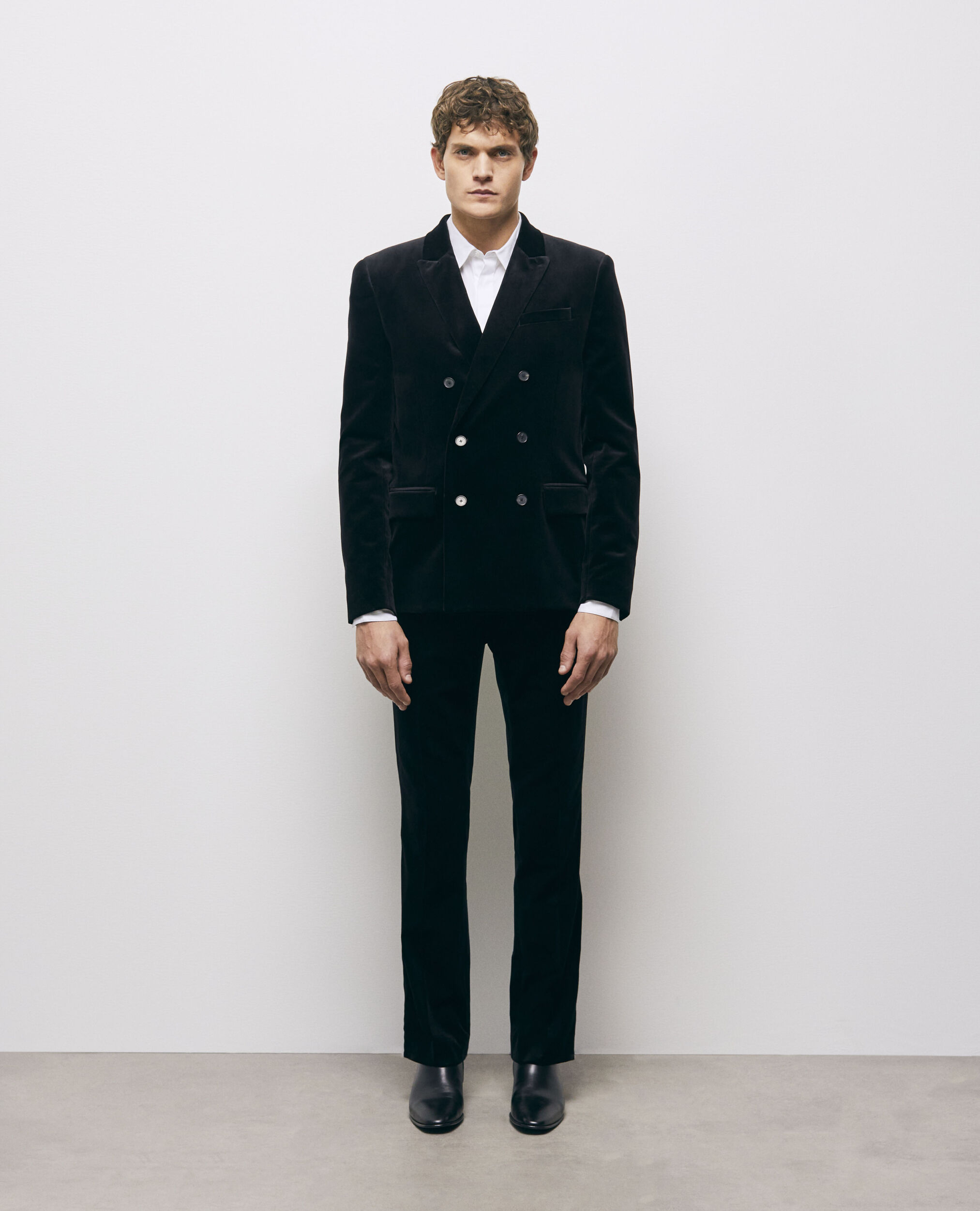 Black velvet double-breasted suit jacket, BLACK, hi-res image number null