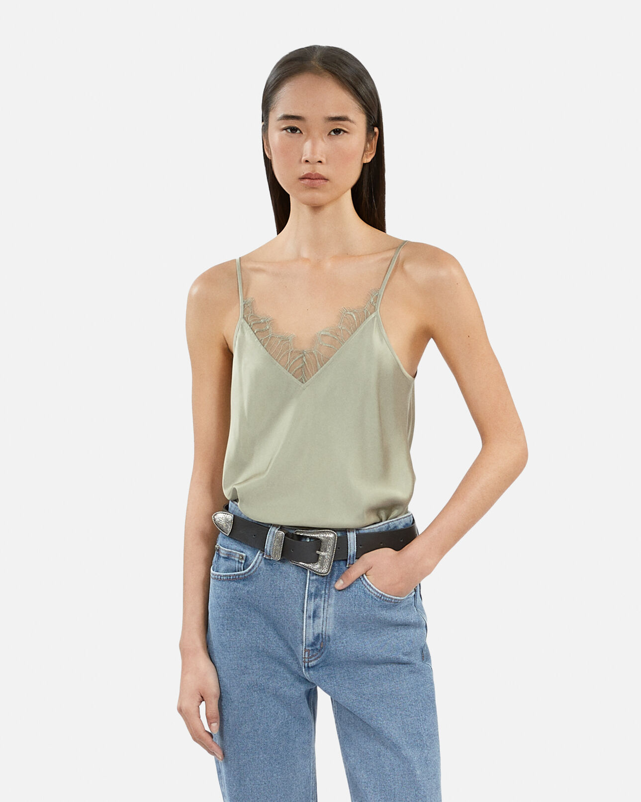 The Kooples WOMEN KAKI GREY light green camisole with lace
