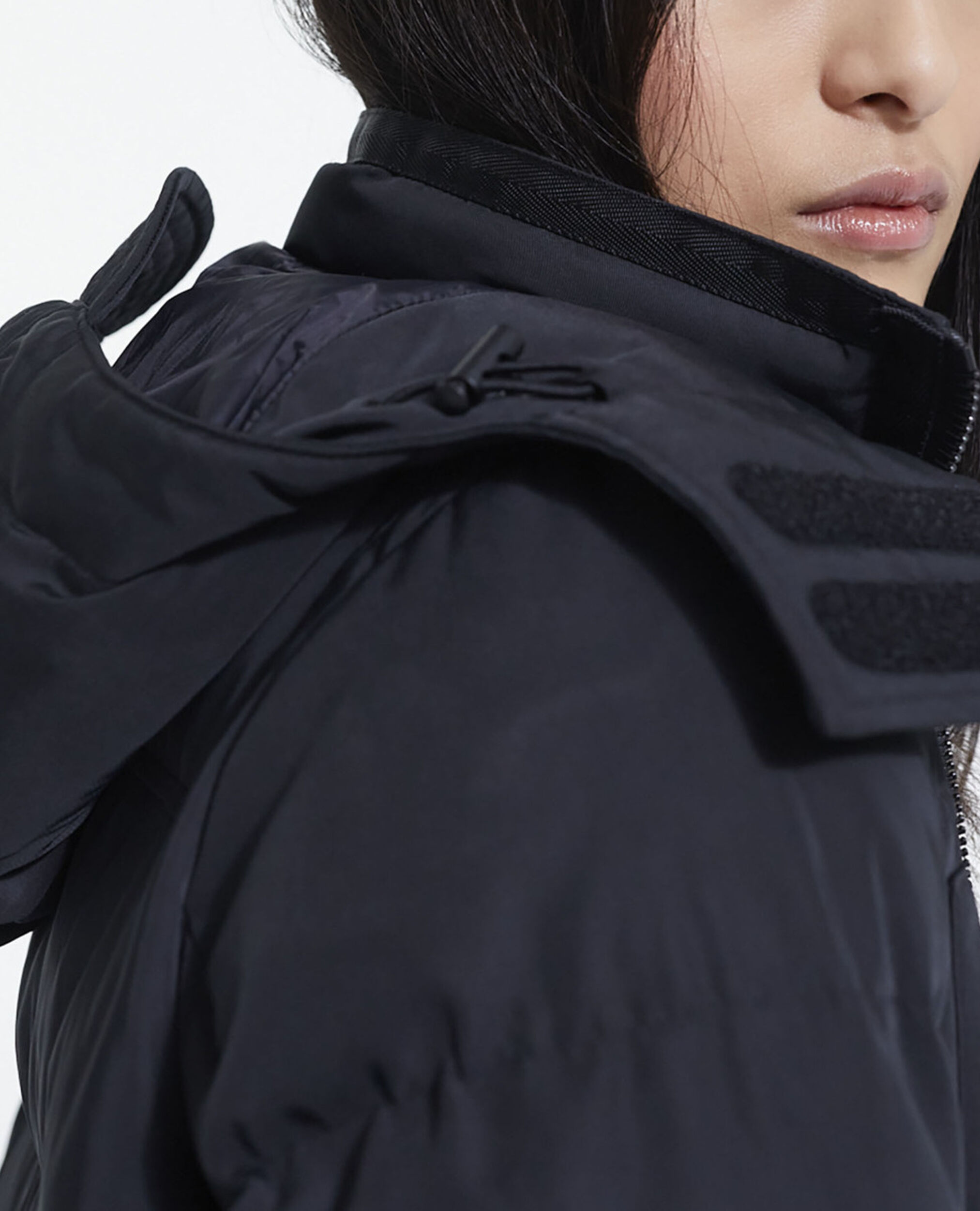 Long black down jacket with straps and logo, BLACK, hi-res image number null