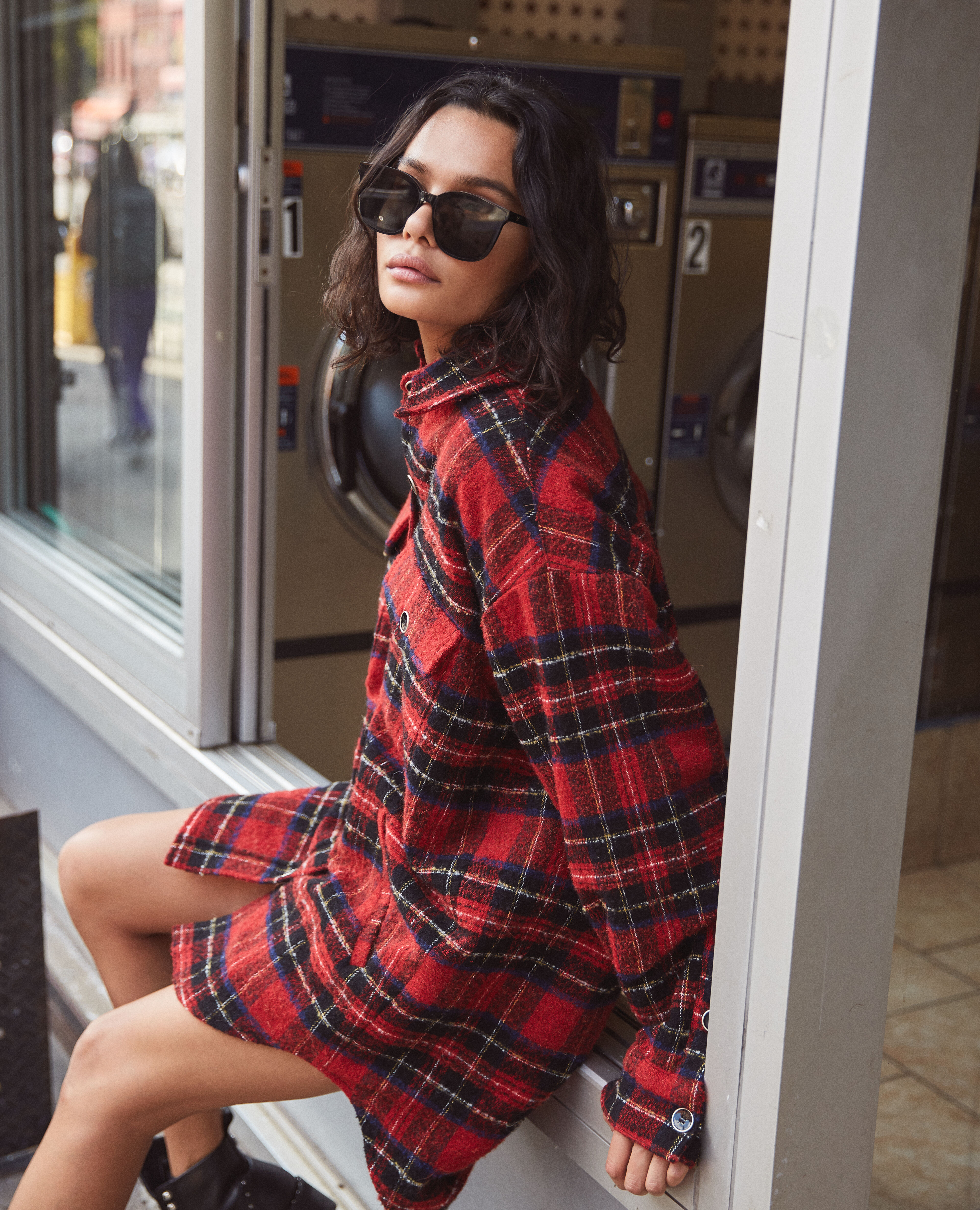 Black and red check sales coat