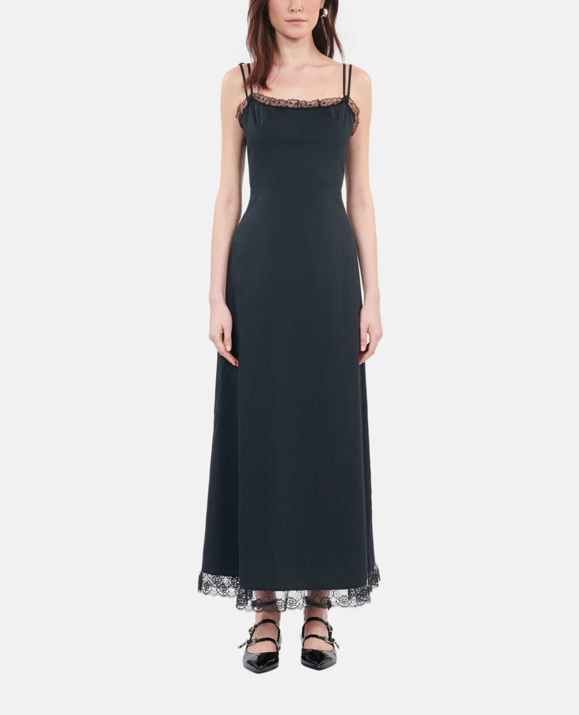 Long black dress with lace, BLACK, hi-res image number null