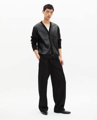 The Kooples H BLACK two-material button-down cardigan with black leather