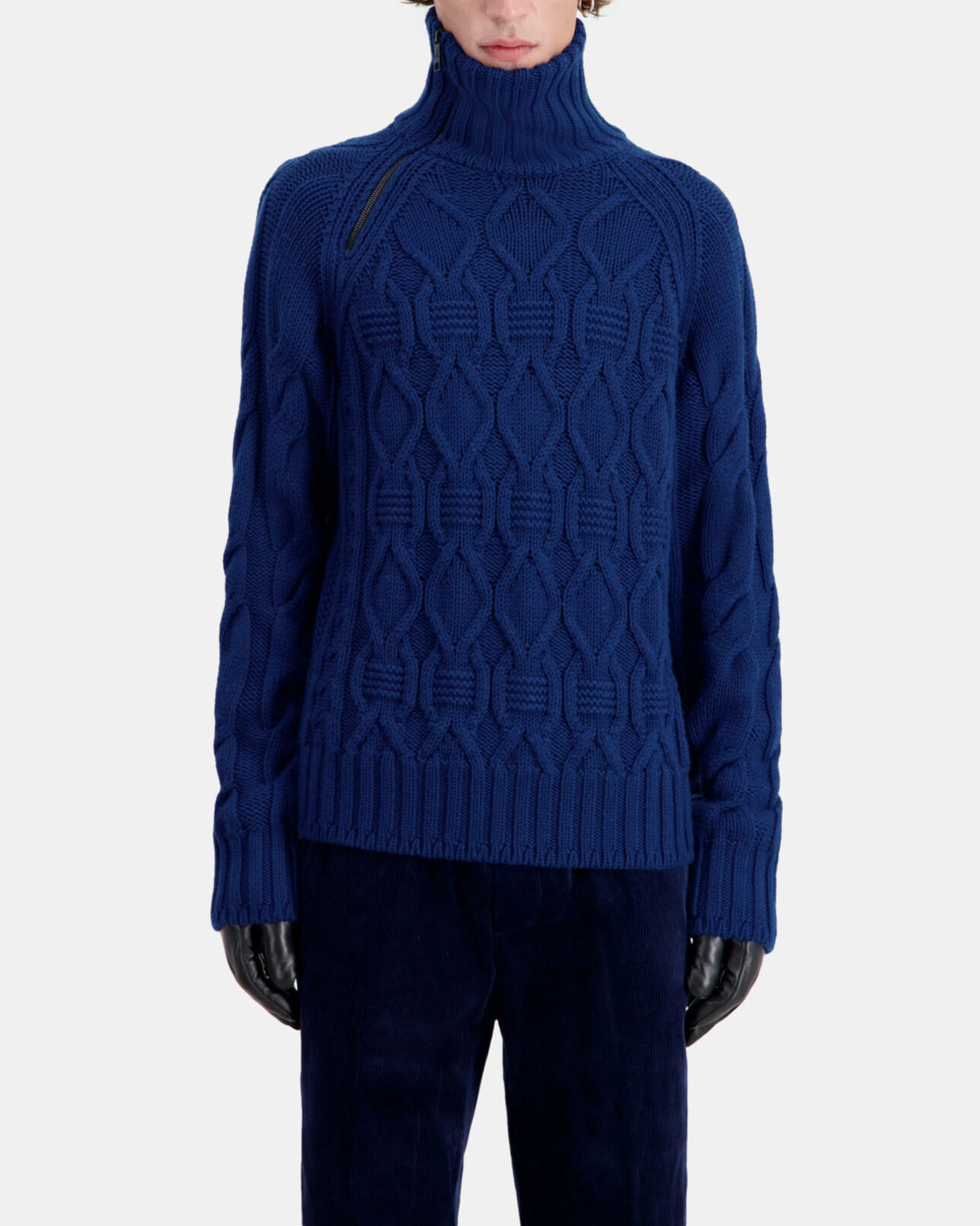 The Kooples HOMME ROYAL BLUE - DARK NAVY pull bleu en laine torsadée avec zip