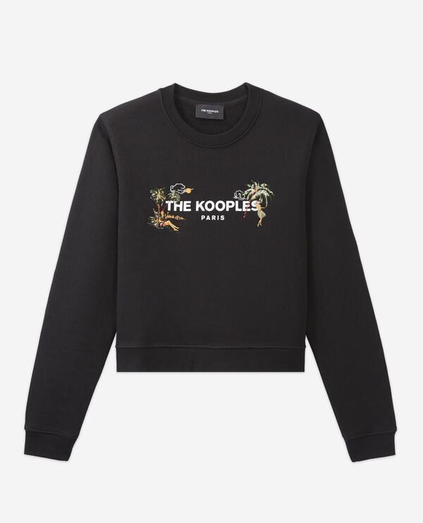 black crew neck sweatshirt with embroidery