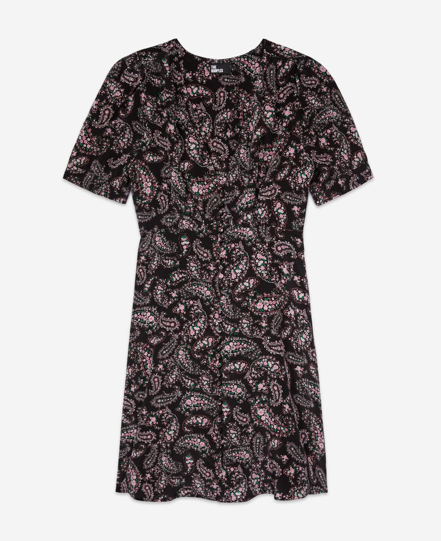 The Kooples FEMME BLACK / PINK robe courte imprimée avec boutonnage en soie