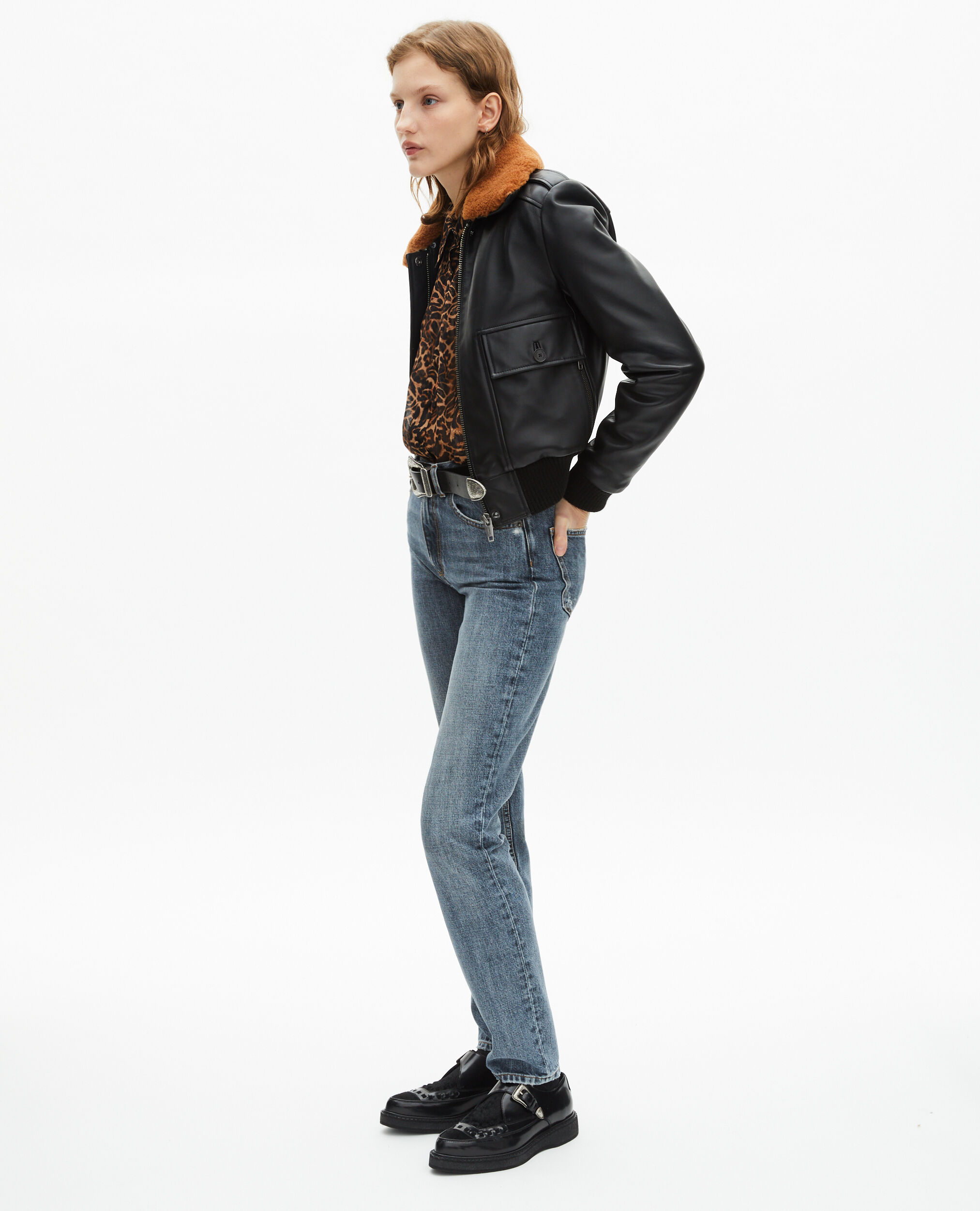 Blouson en cuir avec col sherpa noir, BLACK, hi-res image number null