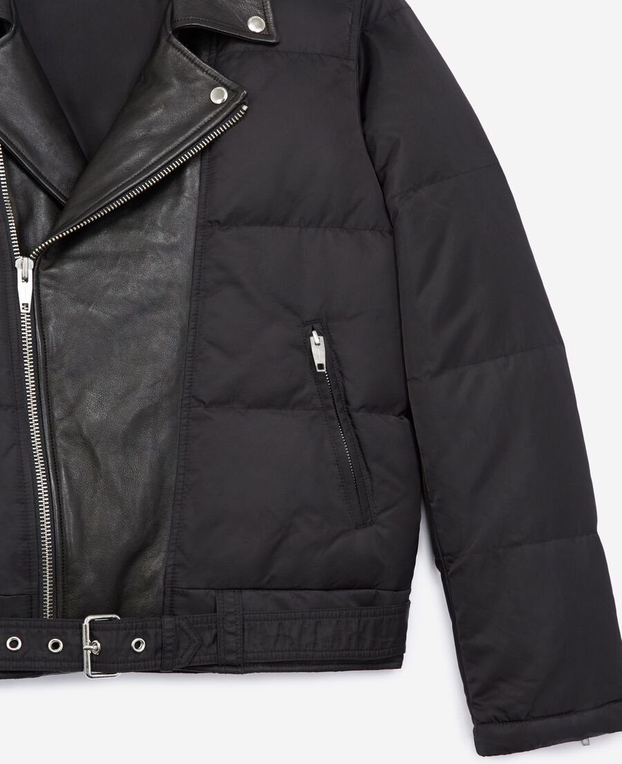 quilted black down jacket with leather detail