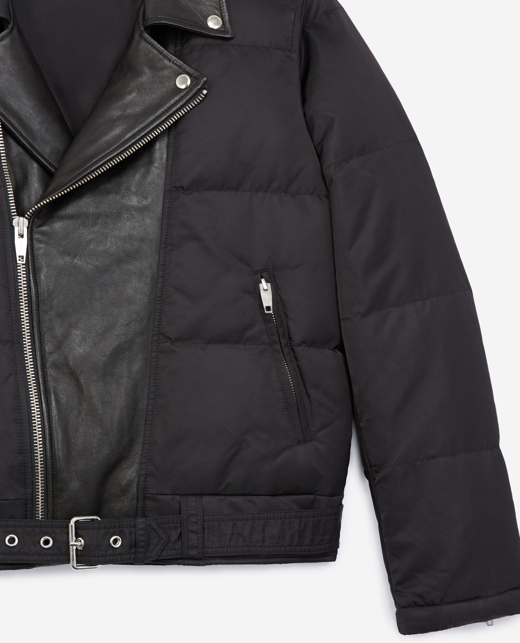 Quilted black down jacket with leather detail, BLACK, hi-res image number null