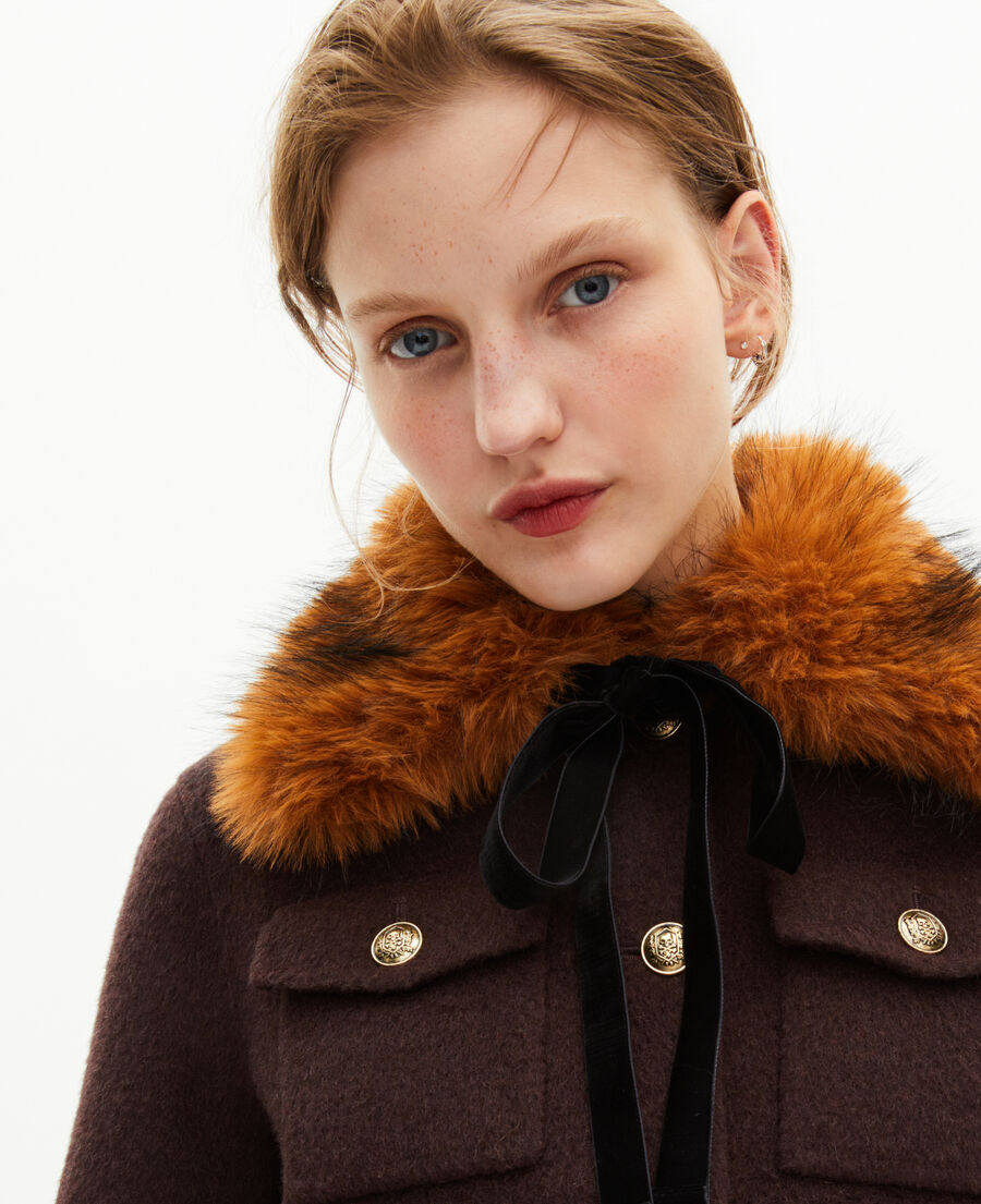 The Kooples WOMEN CHOCOLATE brown short wool jacket with sherpa collar