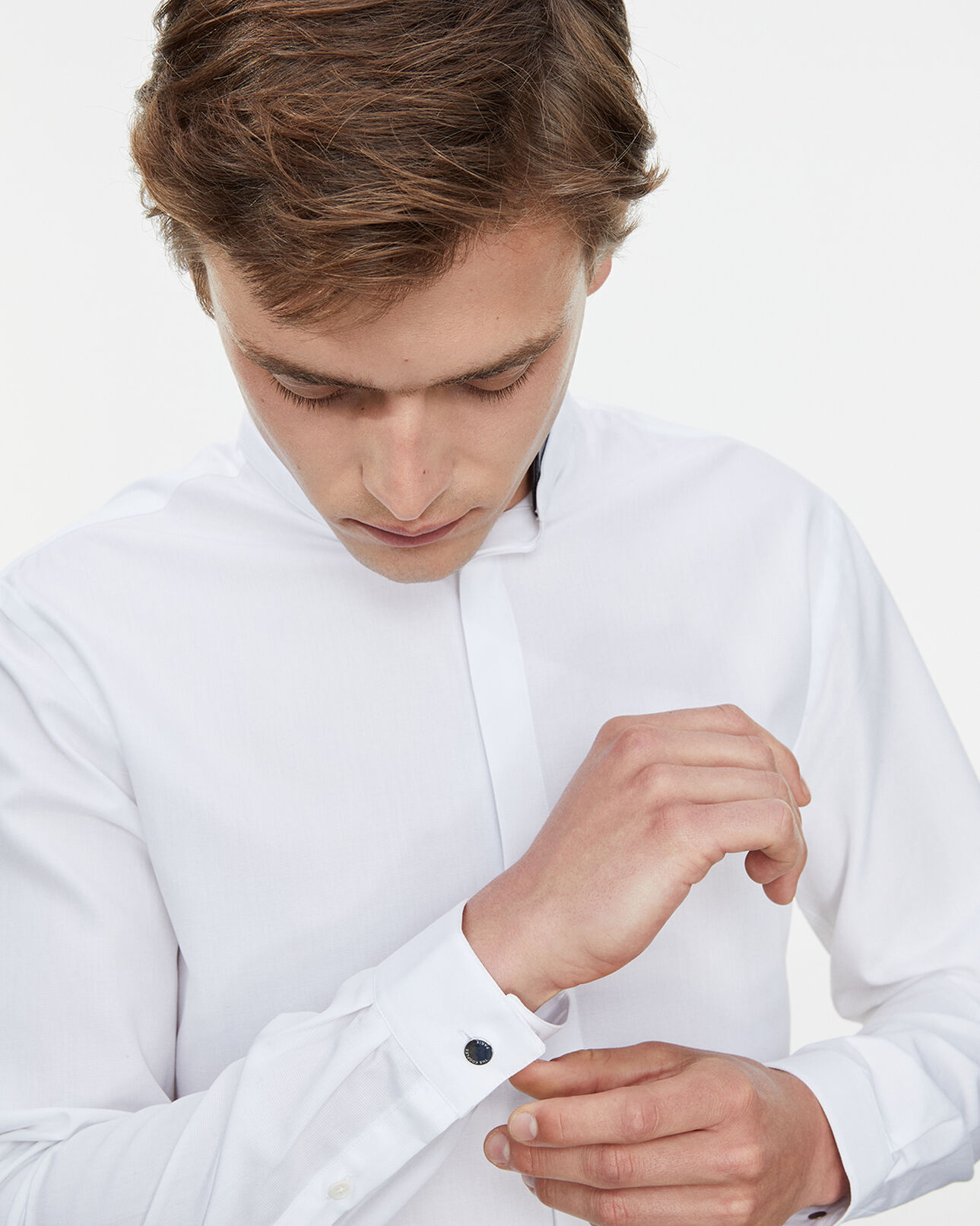 The Kooples MEN WHITE shirt with leather officer collar, removable