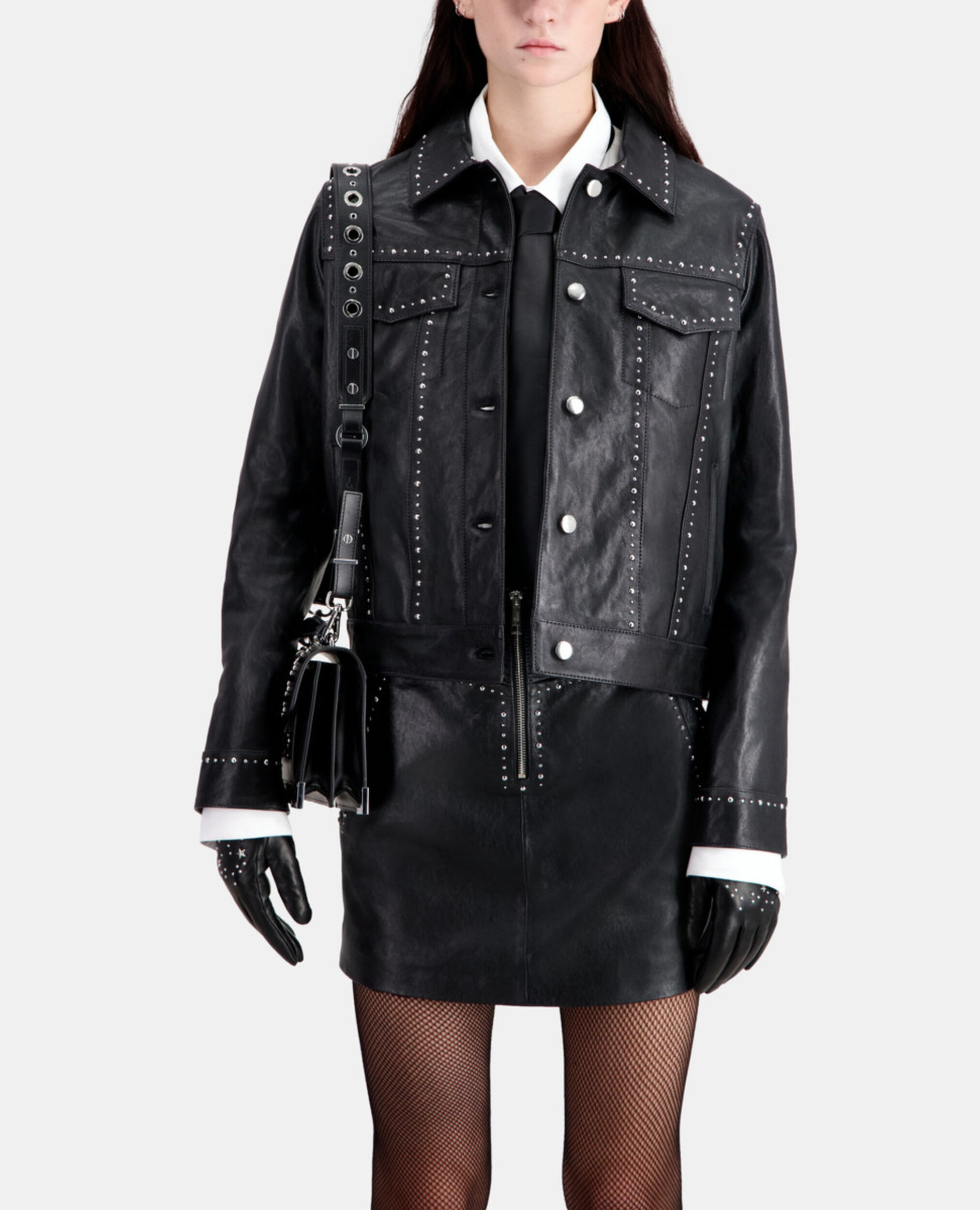 Black leather jacket with studs, BLACK, hi-res image number null