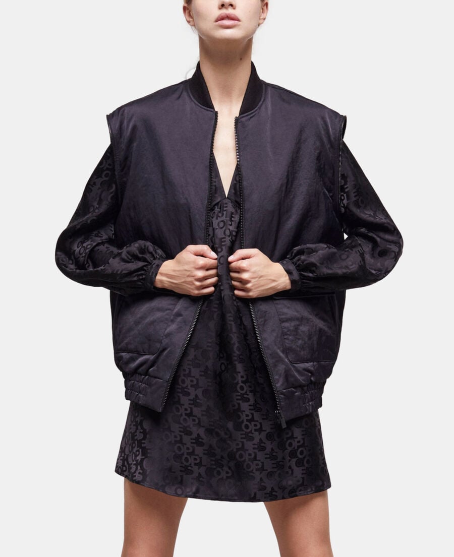 black satin bomber jacket with detachable sleeves