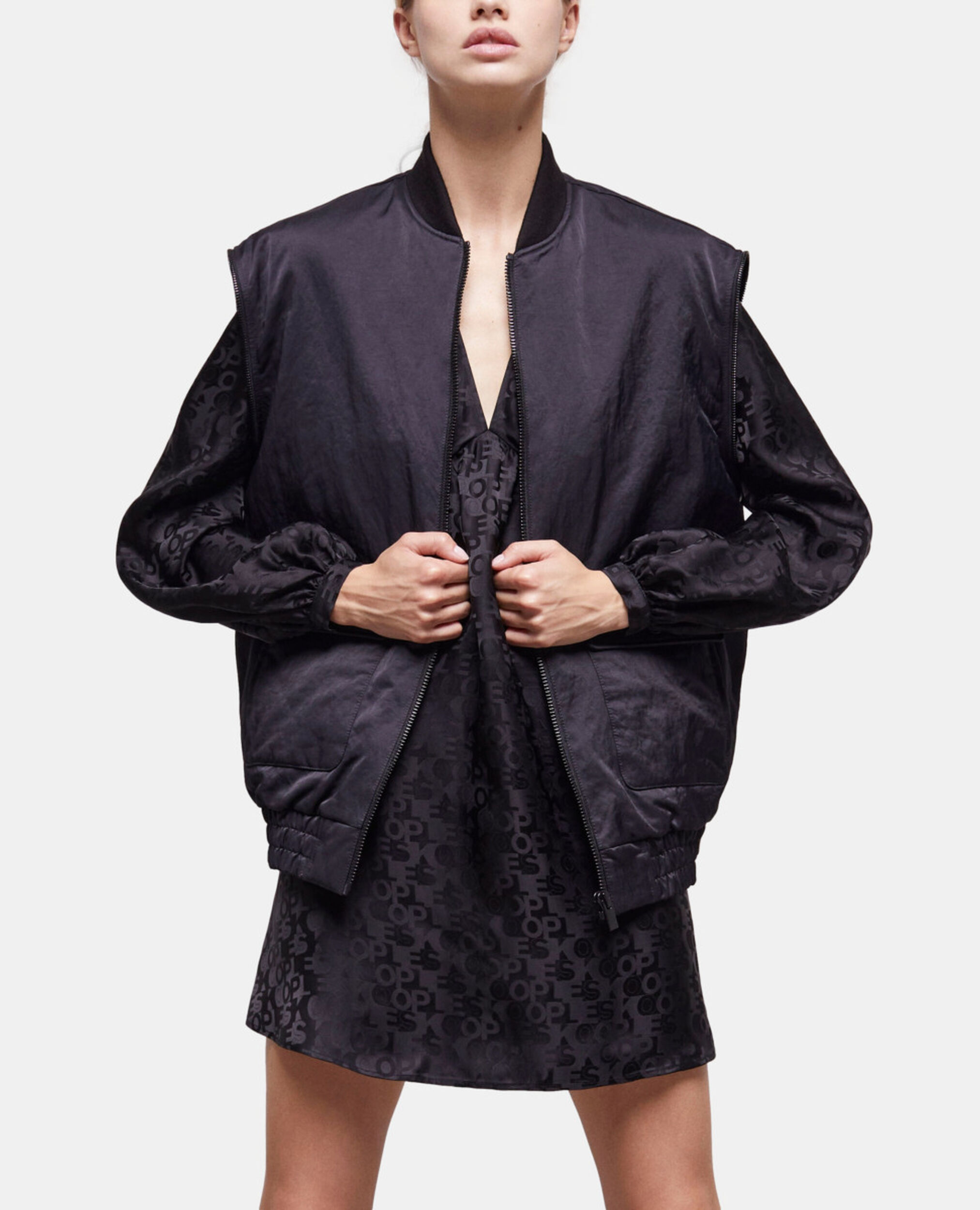 Black satin bomber jacket with detachable sleeves, BLACK, hi-res image number null