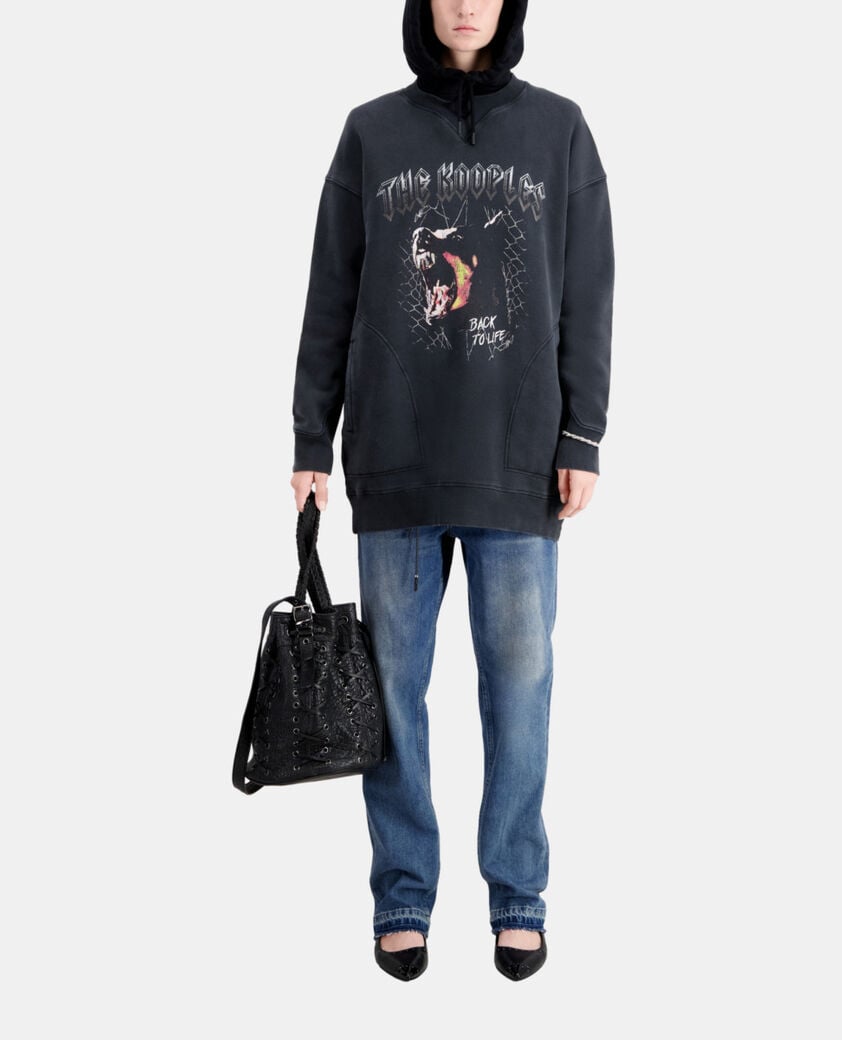 The Kooples FEMME BLACK WASHED robe femme type sweatshirt noire avec sérigraphie barking dog