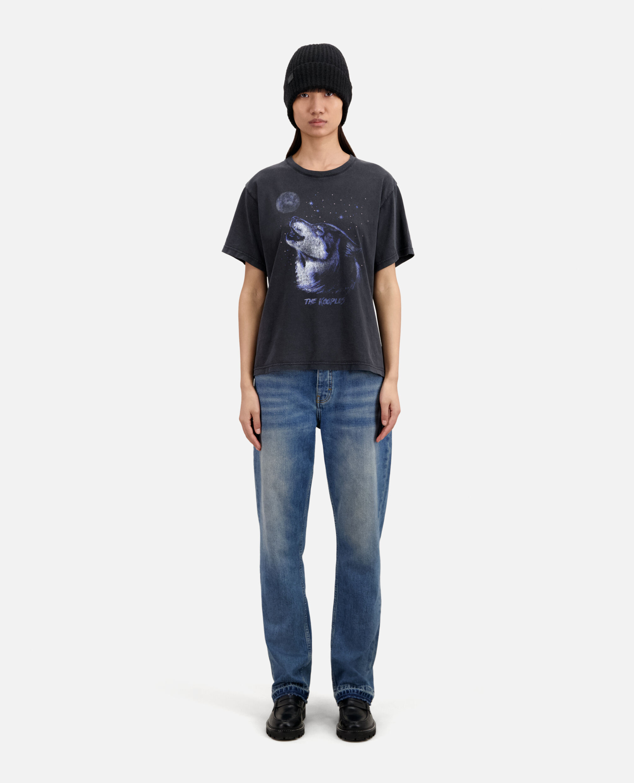 Women's black t-shirt with wolf serigraphy, BLACK WASHED, hi-res image number null