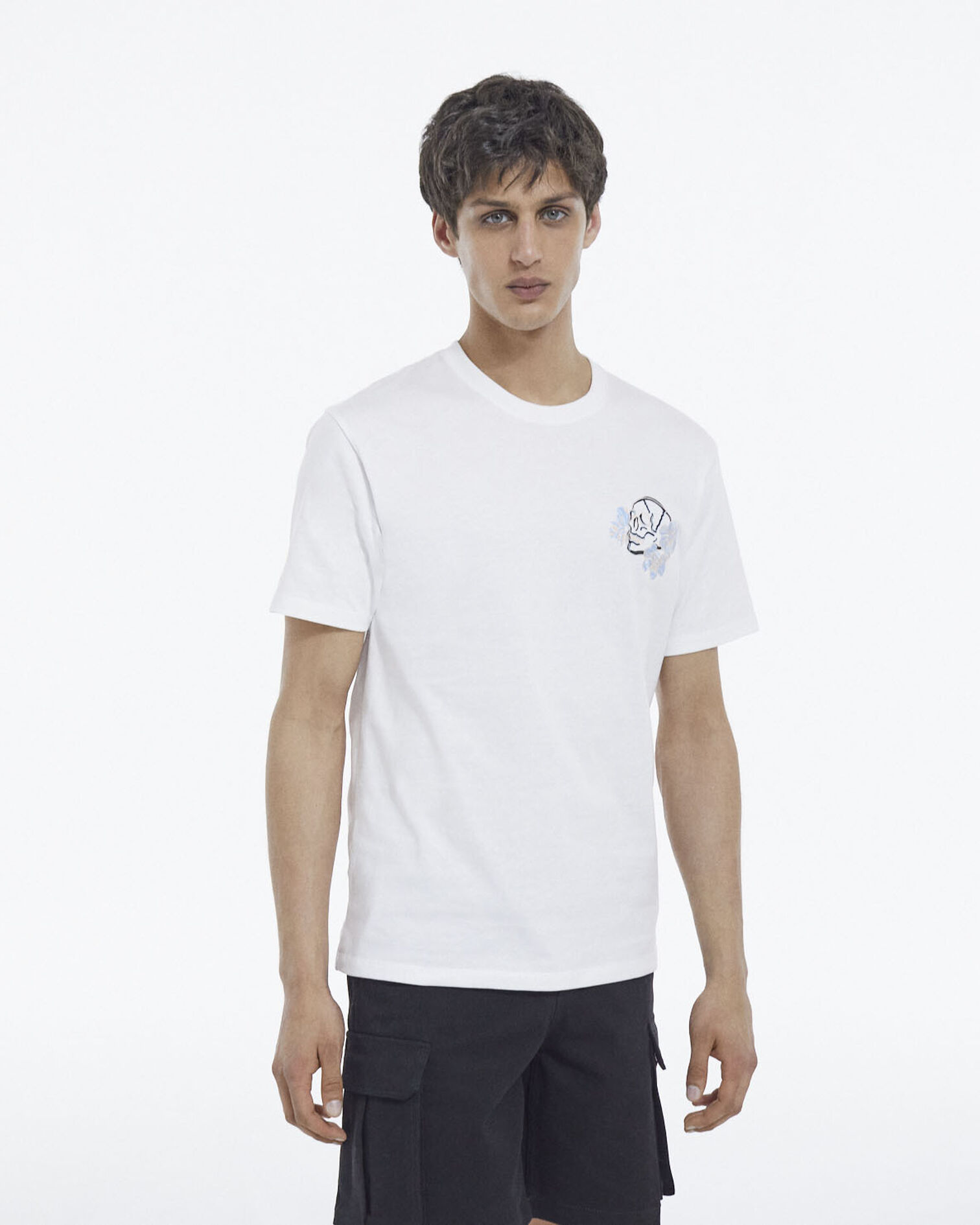 White printed T-shirt with skull and flowers, WHITE, hi-res image number null