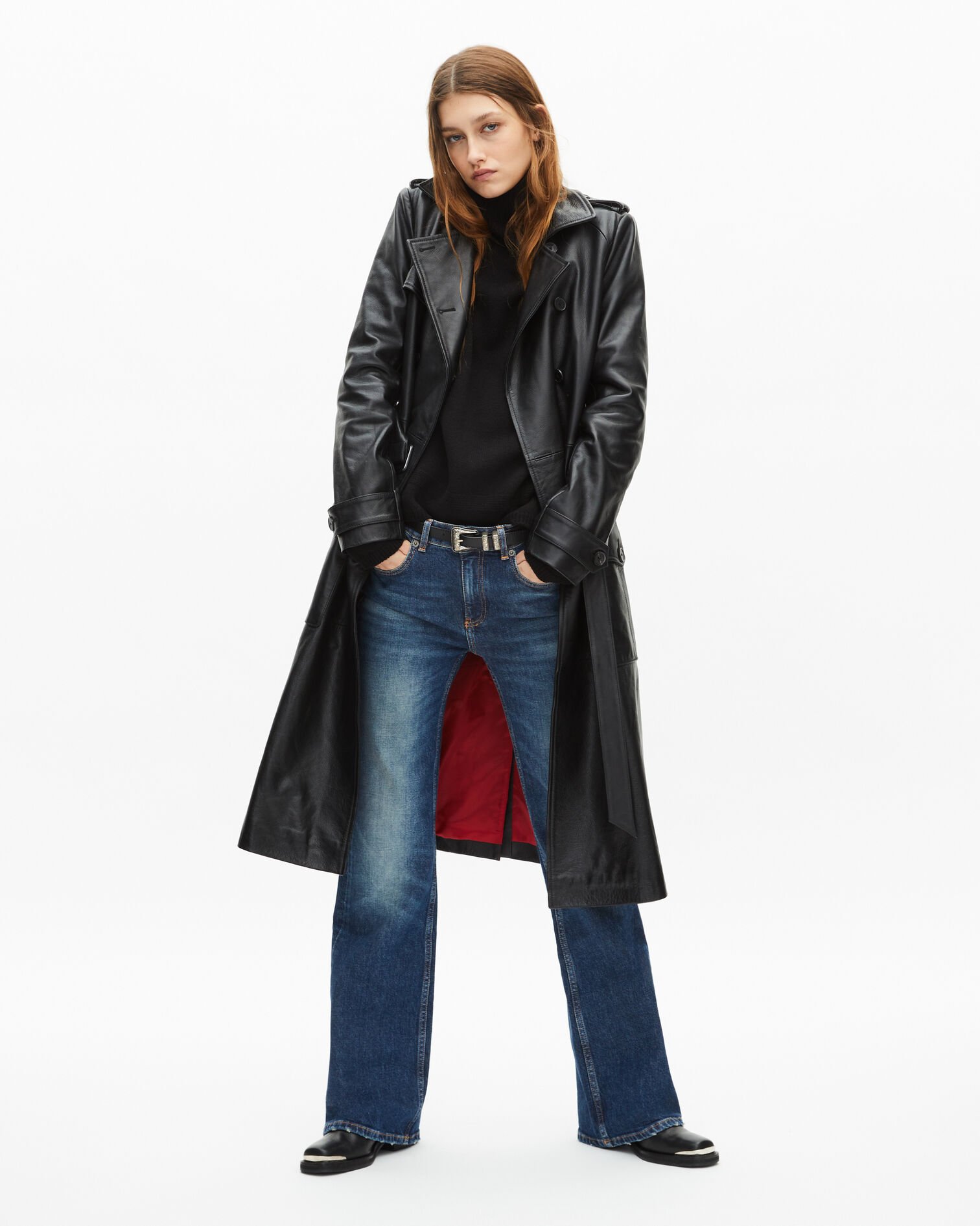 Long black leather trench coat, BLACK, hi-res image number null