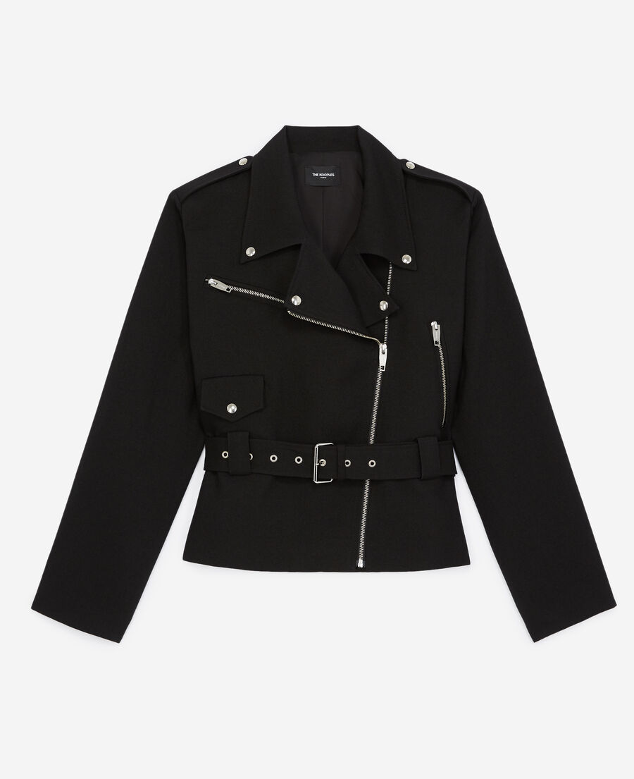 cropped biker-style black wool coat