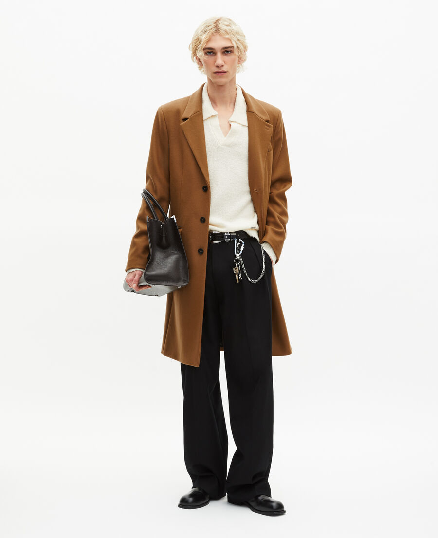 The Kooples MEN CAMEL wool coat with camel leather lapel collar