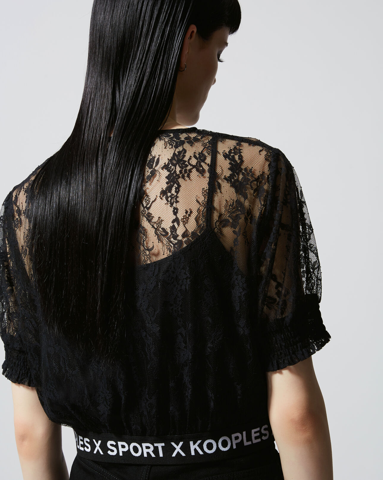 The Kooples WOMEN BLACK black lace top with the kooples logo band
