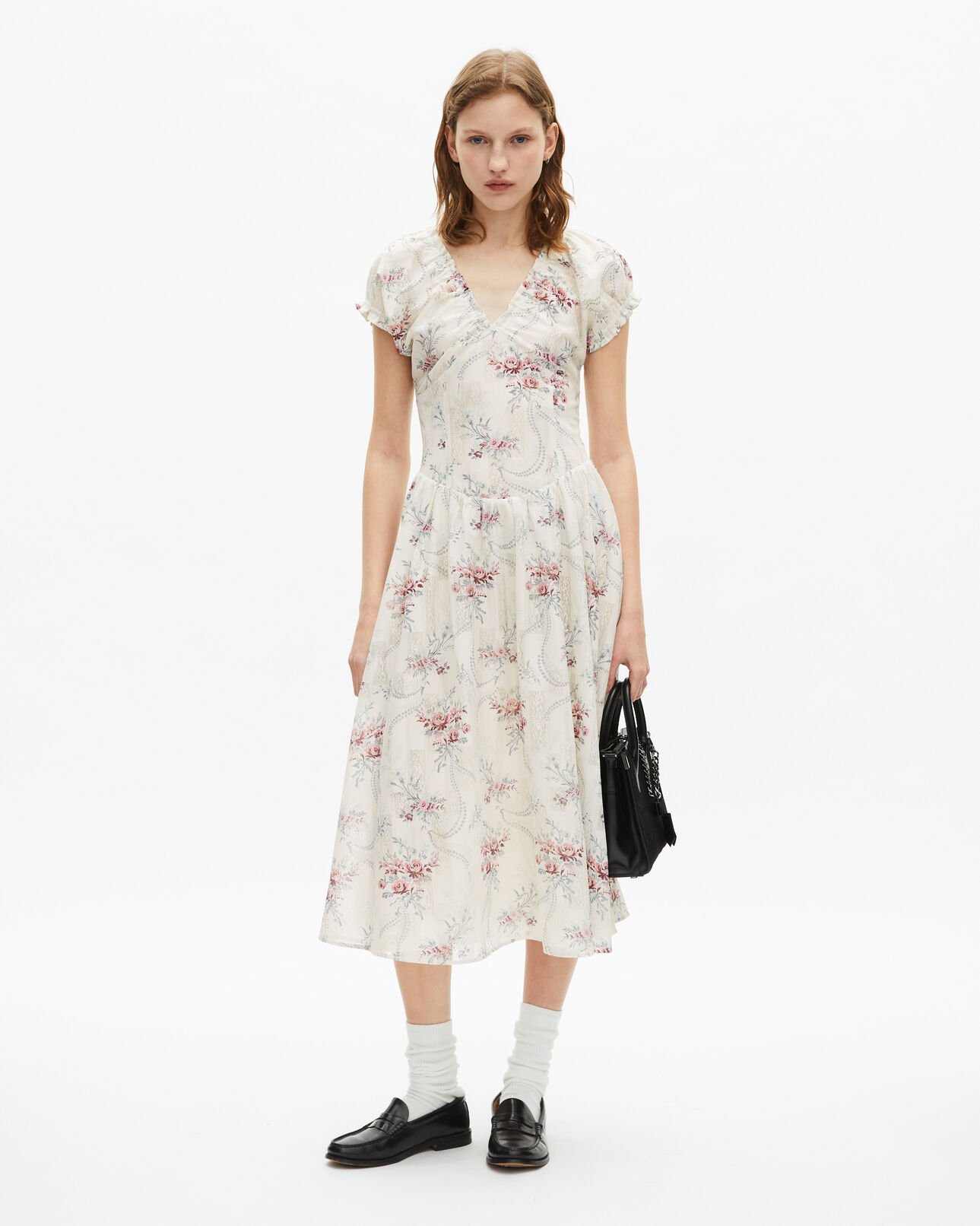 The Kooples FEMME OFF WHITE / PINK robe longue imprimé fleuri blanche