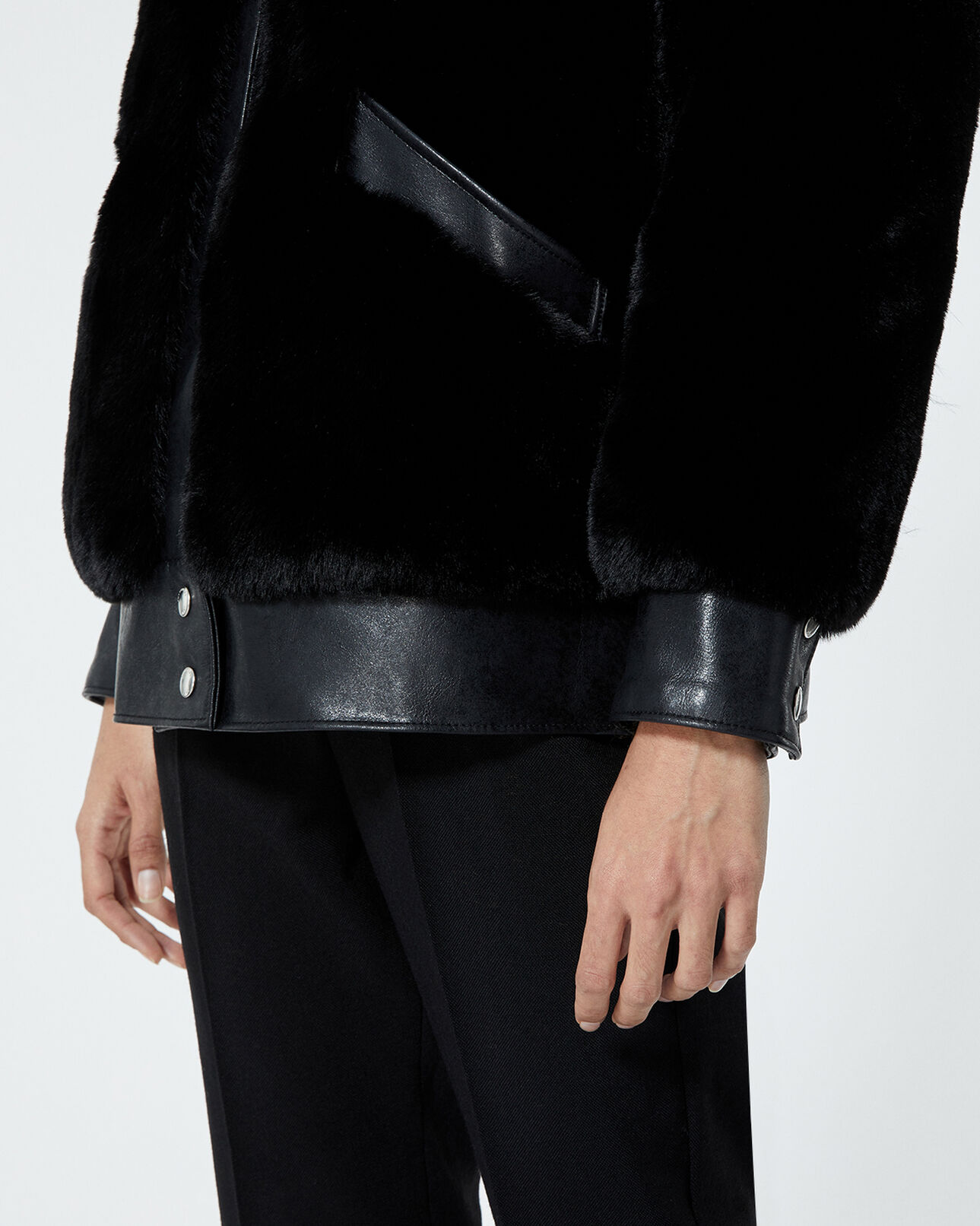 The Kooples WOMEN BLACK black faux fur coat with leather detail