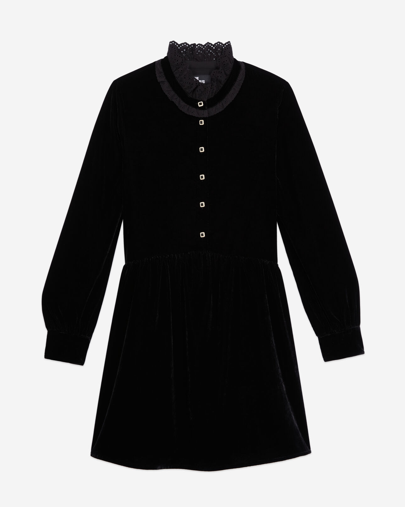 The Kooples WOMEN BLACK short black velvet dress with bijou buttons