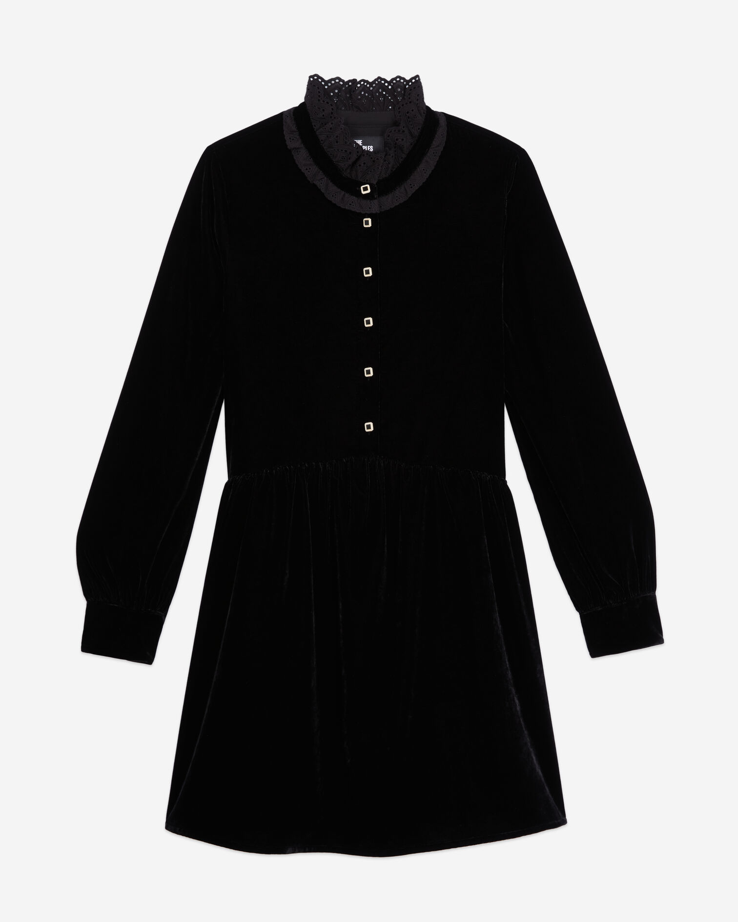 Short black velvet dress with bijou buttons, BLACK, hi-res image number null