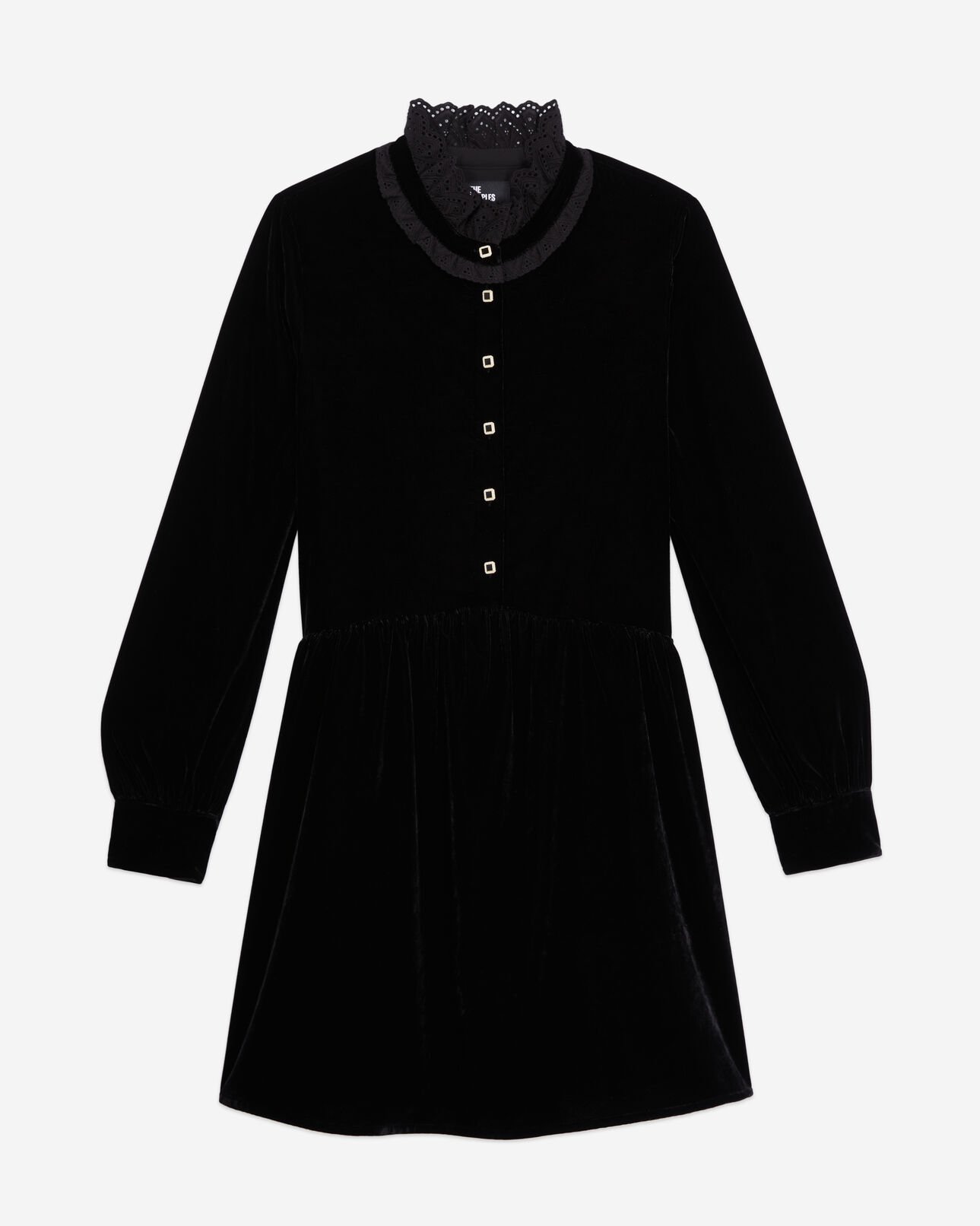 The Kooples WOMEN BLACK short black velvet dress with bijou buttons