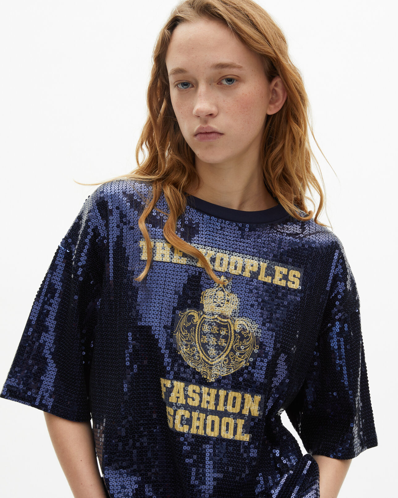 The Kooples WOMEN DARK NAVY blue sequin and screen printed t-shirt