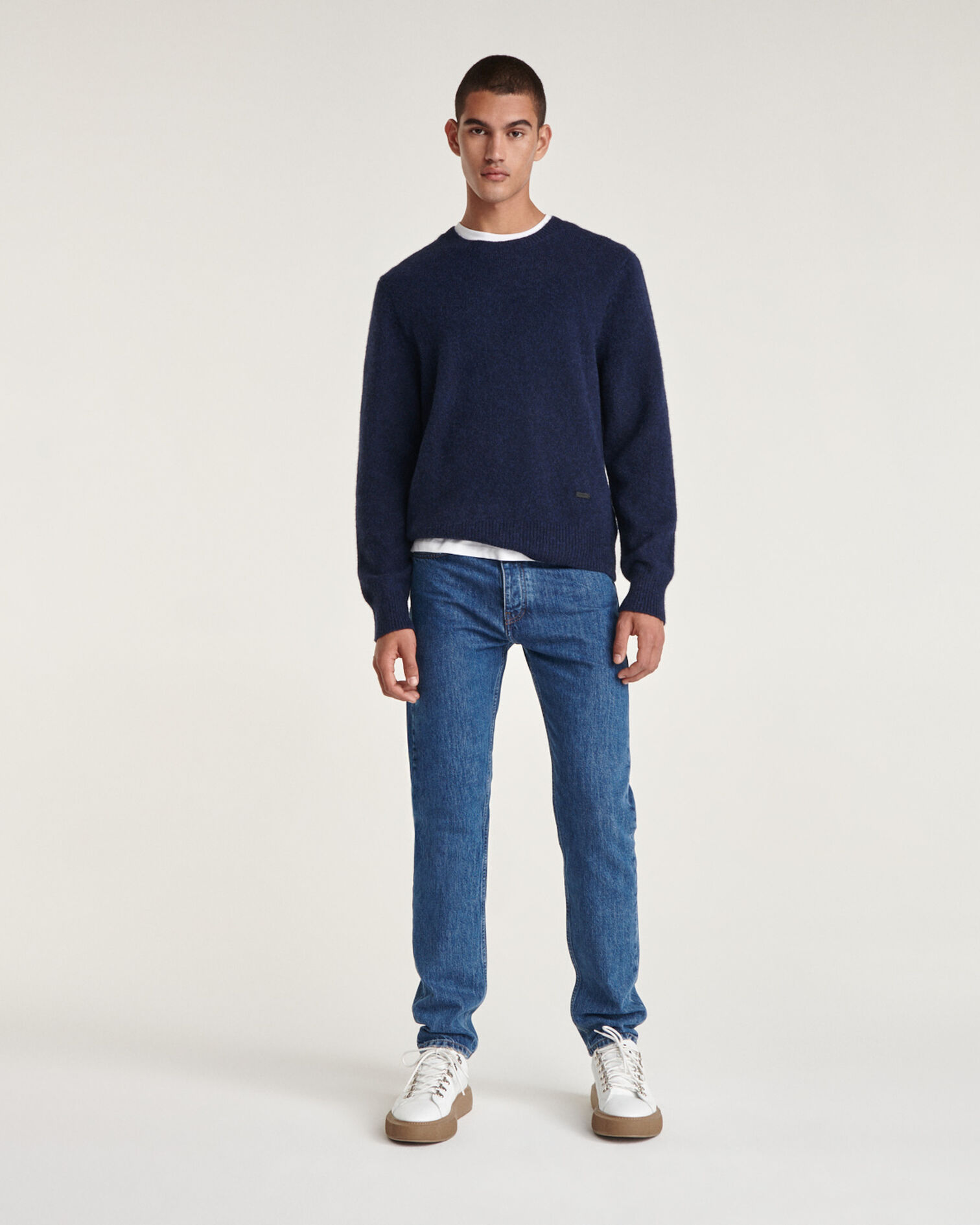 Navy blue alpaca wool crew neck sweater, DARK NAVY, hi-res image number null