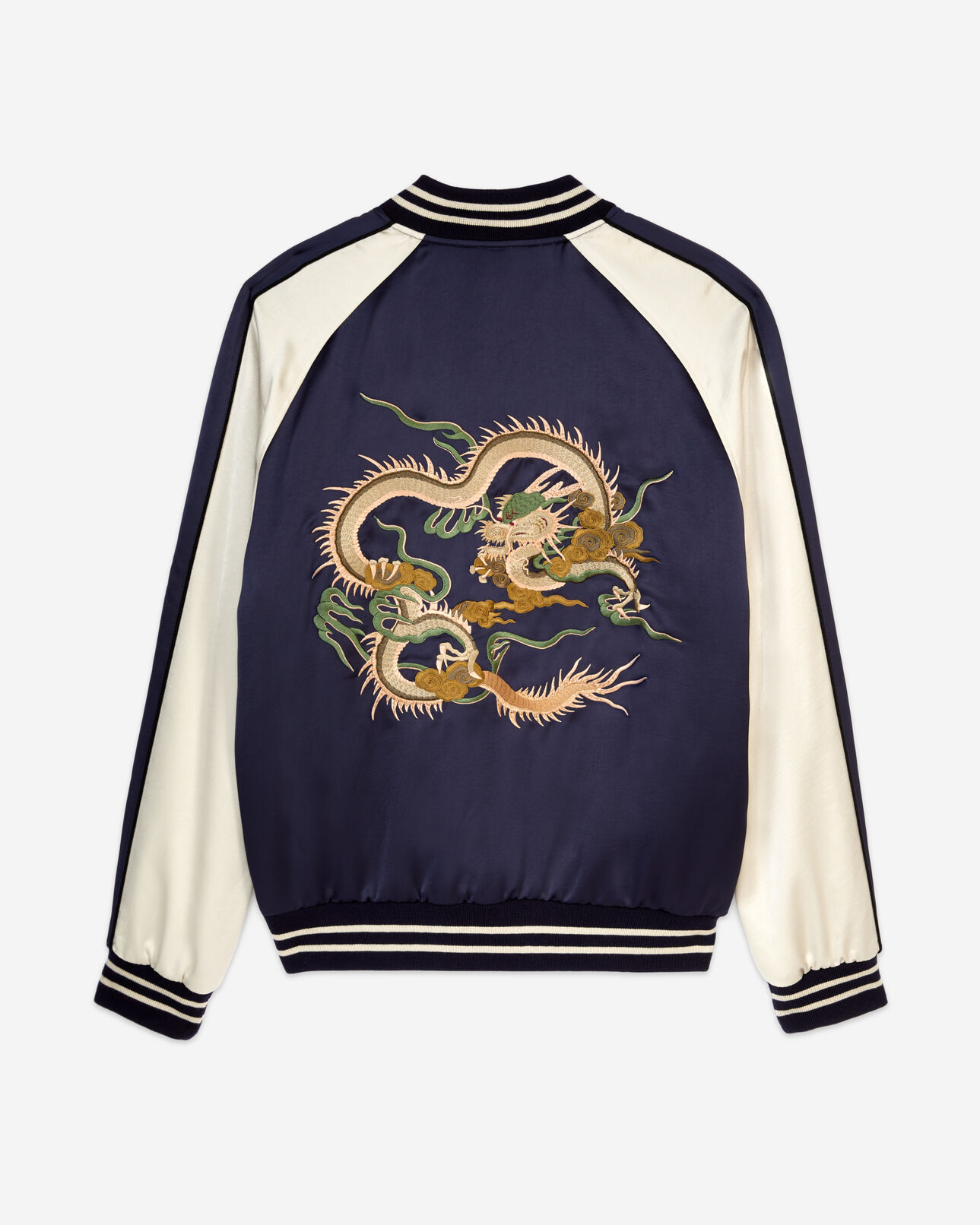 The Kooples MEN NAVY navy blue satin jacket with dragon embroidery