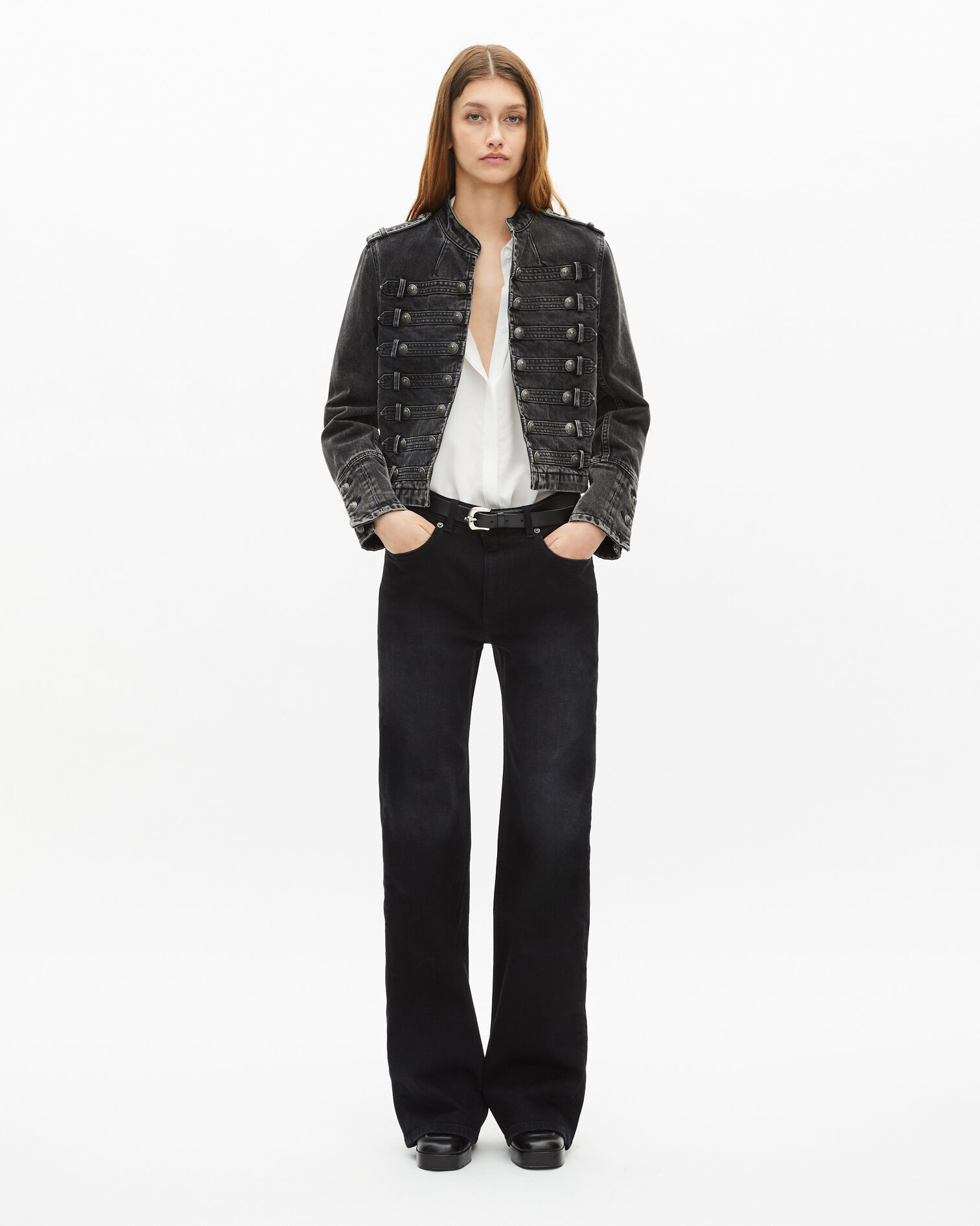 Grey denim officer-style jacket, BLACK WASHED, hi-res image number null