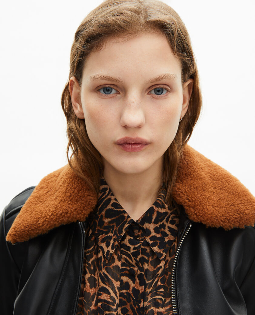 The Kooples DAMEN BLACK kurze schwarze glattlederjacke mit sherpa-kragen