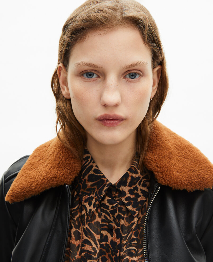 The Kooples FEMME BLACK blouson court en cuir lisse col sherpa noir