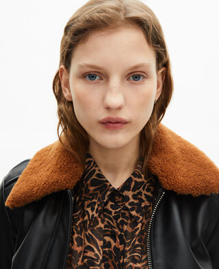 The Kooples FEMME BLACK blouson court en cuir lisse col sherpa noir