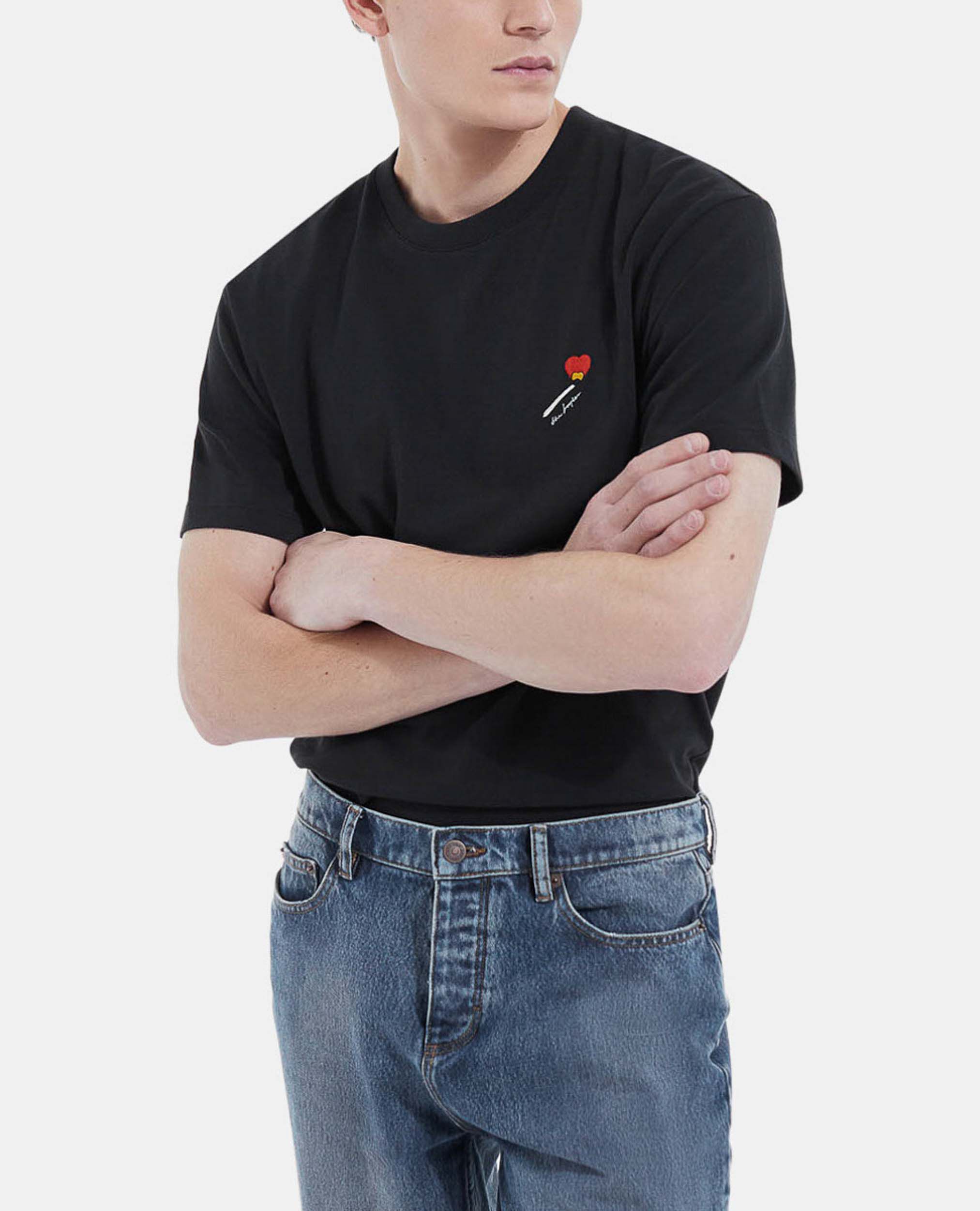 Black cotton T-shirt with embroidery, BLACK, hi-res image number null