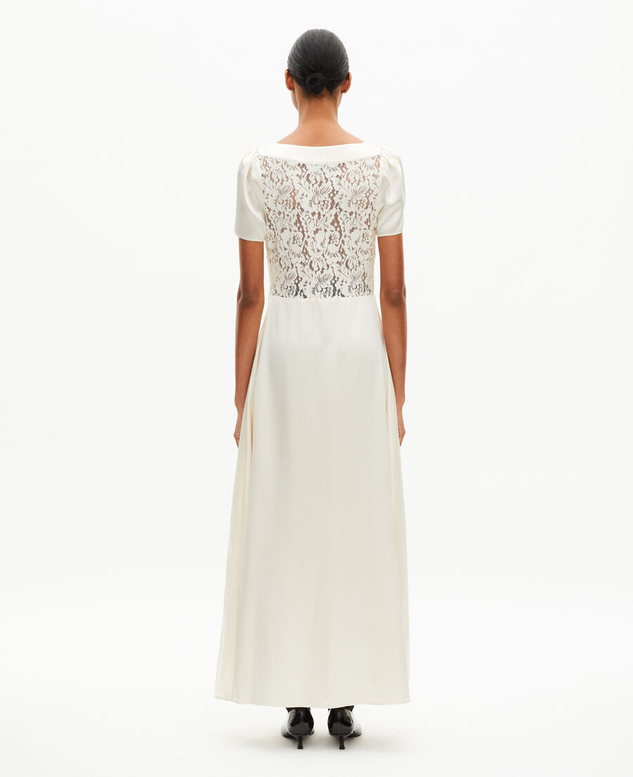 The Kooples F LIGHT BEIGE long silk dress with ecru lace