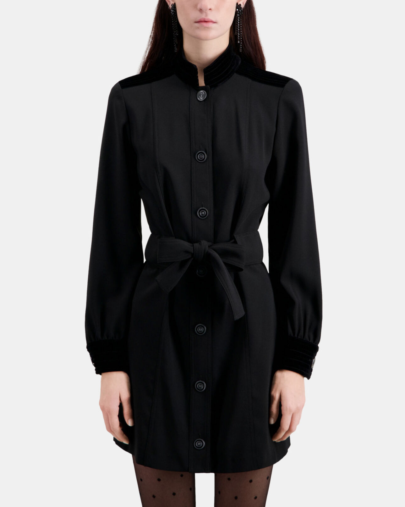 The Kooples FEMME BLACK robe courte noire en crêpe avec détails en velours