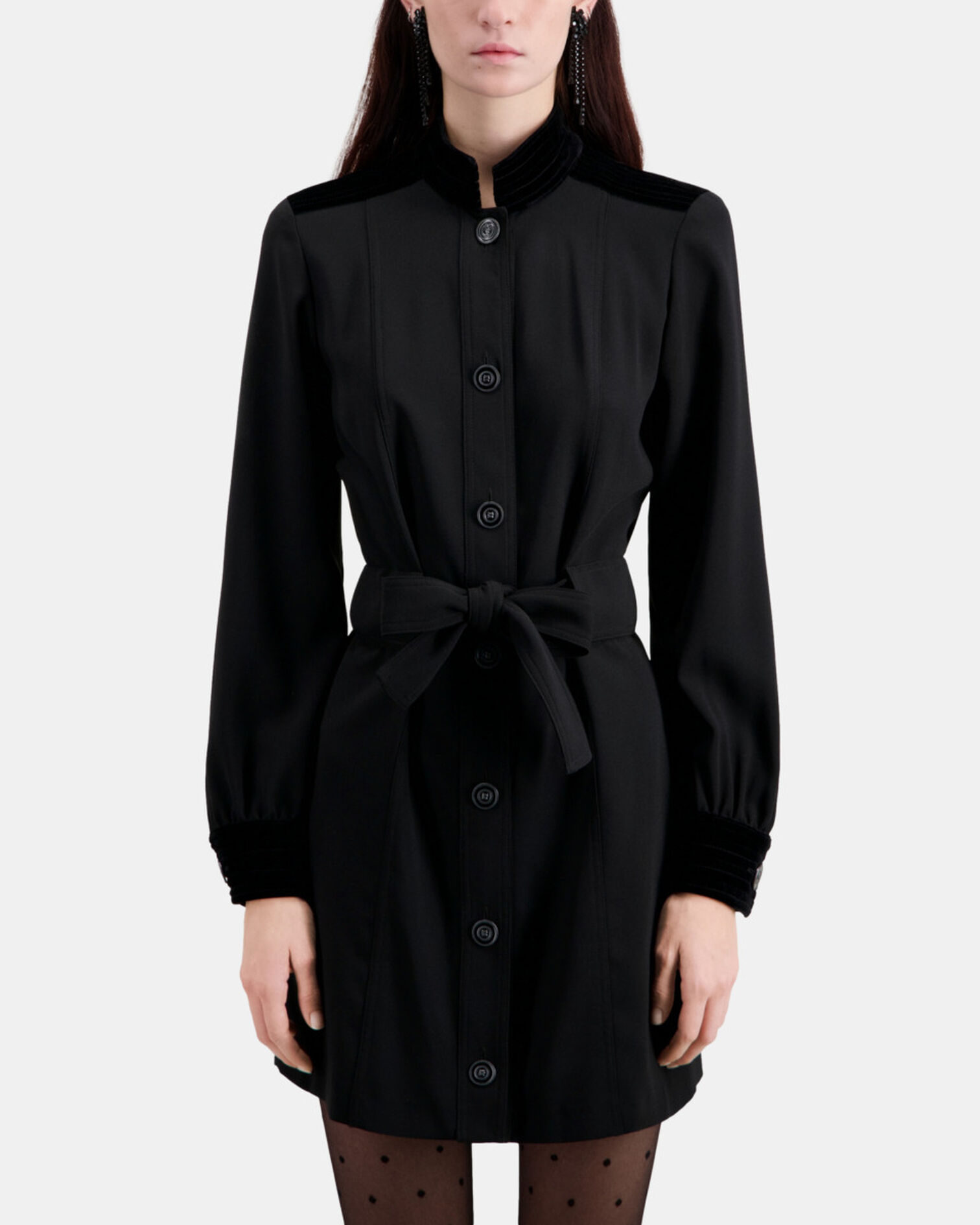 Robe courte noire en crêpe avec détails en velours, BLACK, hi-res image number null